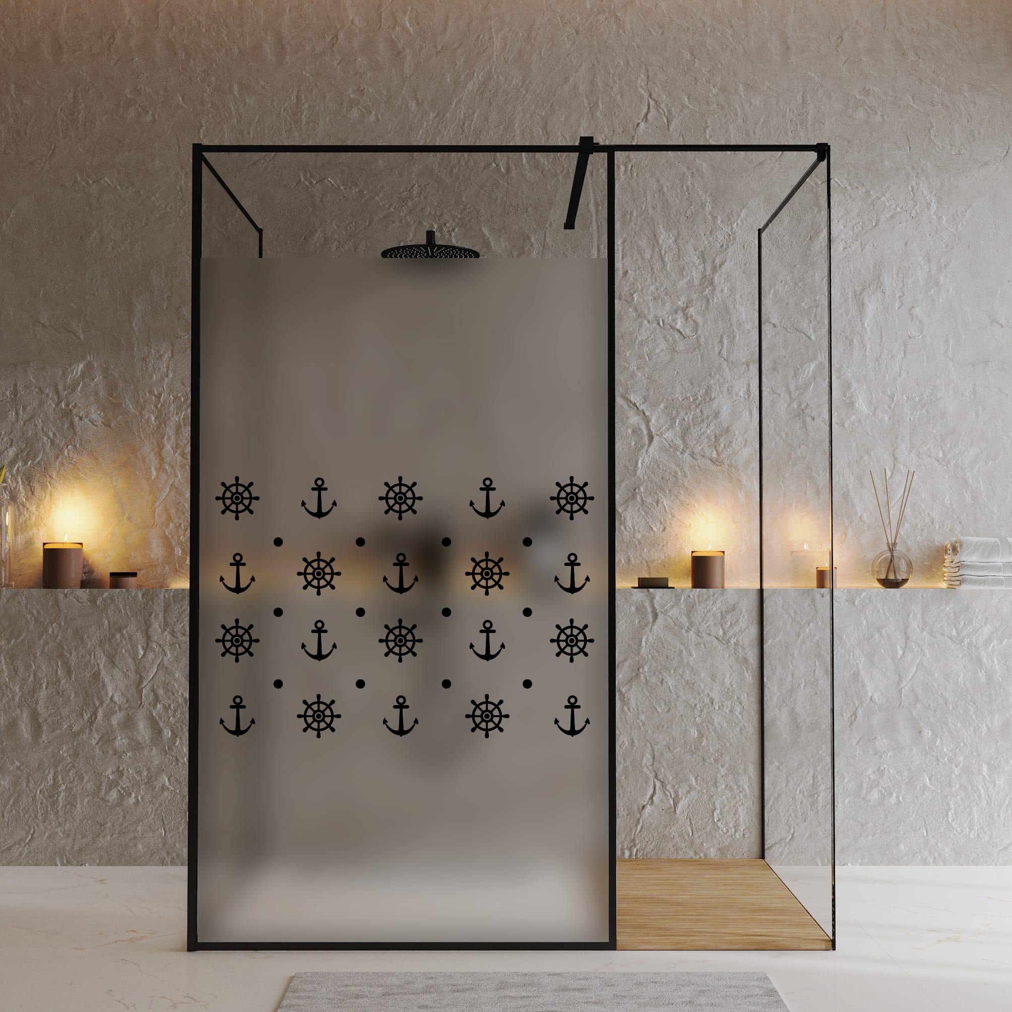 Auf dem Bild ist das Produkt: Sichtschutzfolie Duschkabine Anker Maritim Fensterfolie Dusche Duschglastür Duschwand schwarz oder weiß Milchglasfolie zum Preis von €23.9 abgebildet.