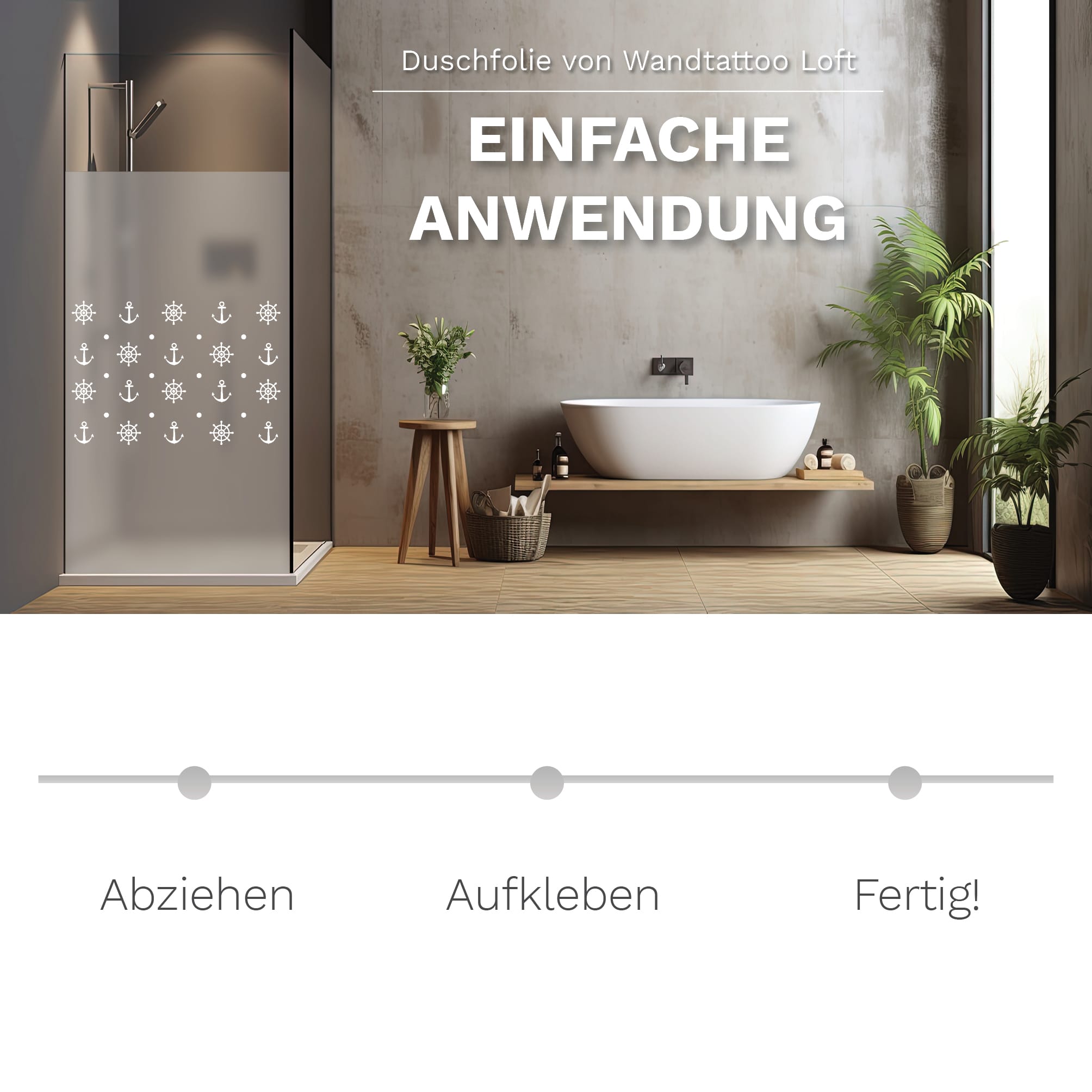 Auf dem Bild ist das Produkt: Sichtschutzfolie Duschkabine Anker Maritim Fensterfolie Dusche Duschglastür Duschwand schwarz oder weiß Milchglasfolie zum Preis von €23.9 abgebildet.