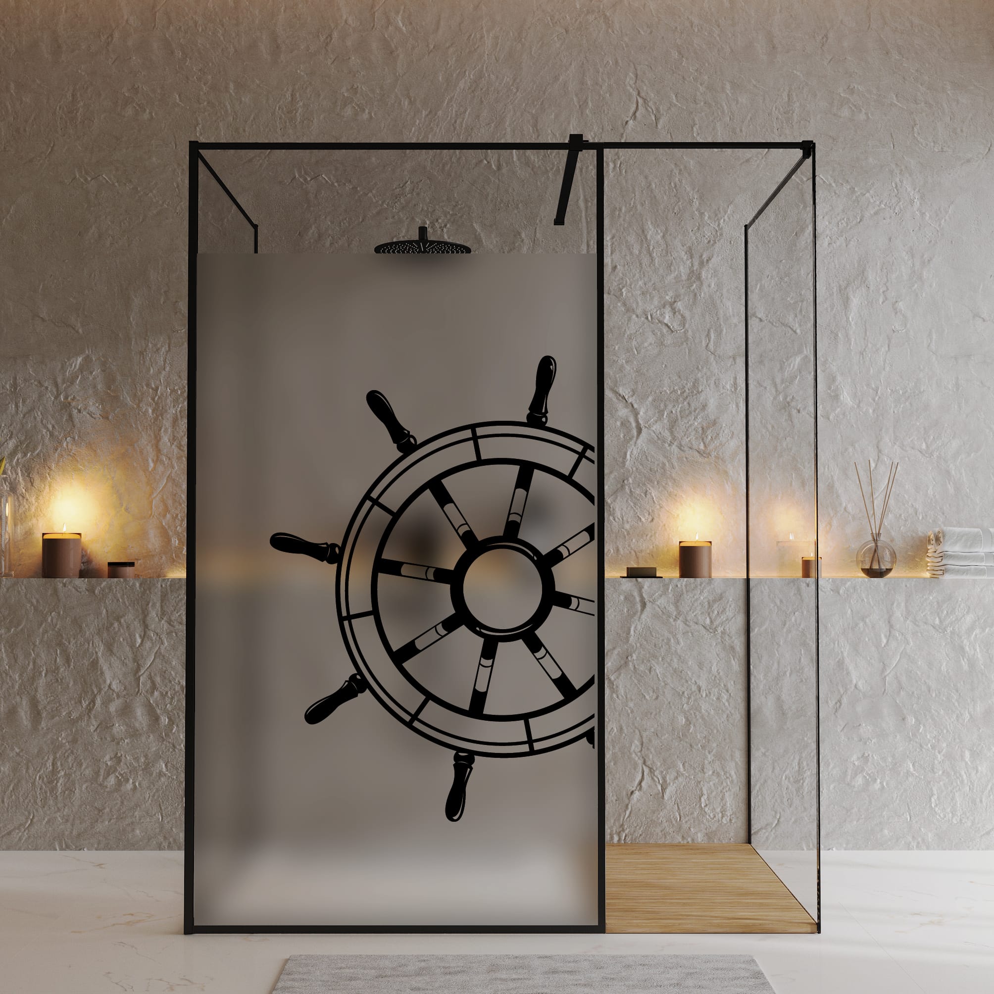 Auf dem Bild ist das Produkt: Sichtschutzfolie Duschkabine Steuerrad Maritim Fensterfolie Dusche Duschglastür Duschwand schwarz oder weiß Milchglasfolie zum Preis von €23.9 abgebildet.