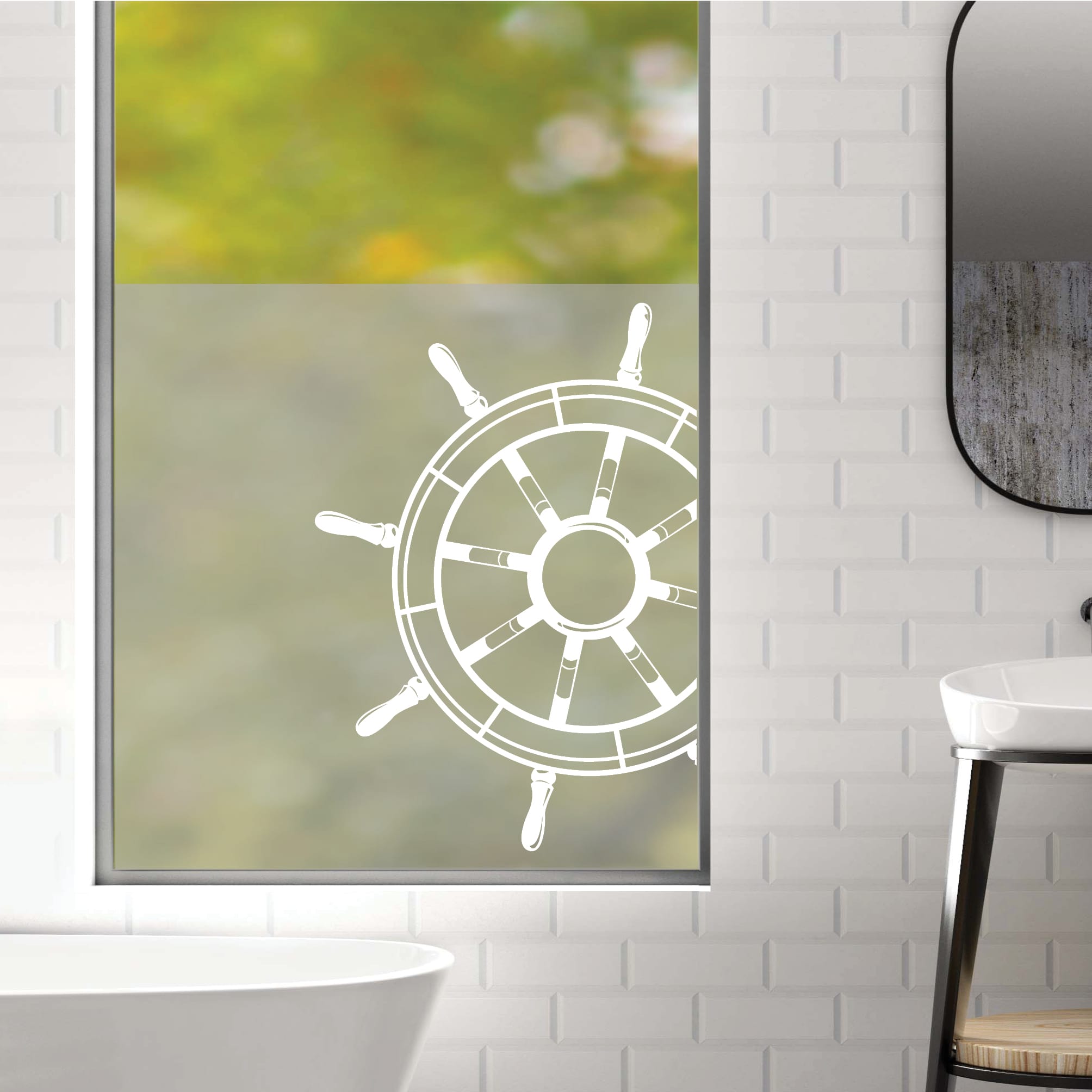 Auf dem Bild ist das Produkt: Sichtschutzfolie Duschkabine Steuerrad Maritim Fensterfolie Dusche Duschglastür Duschwand schwarz oder weiß Milchglasfolie zum Preis von €23.9 abgebildet.