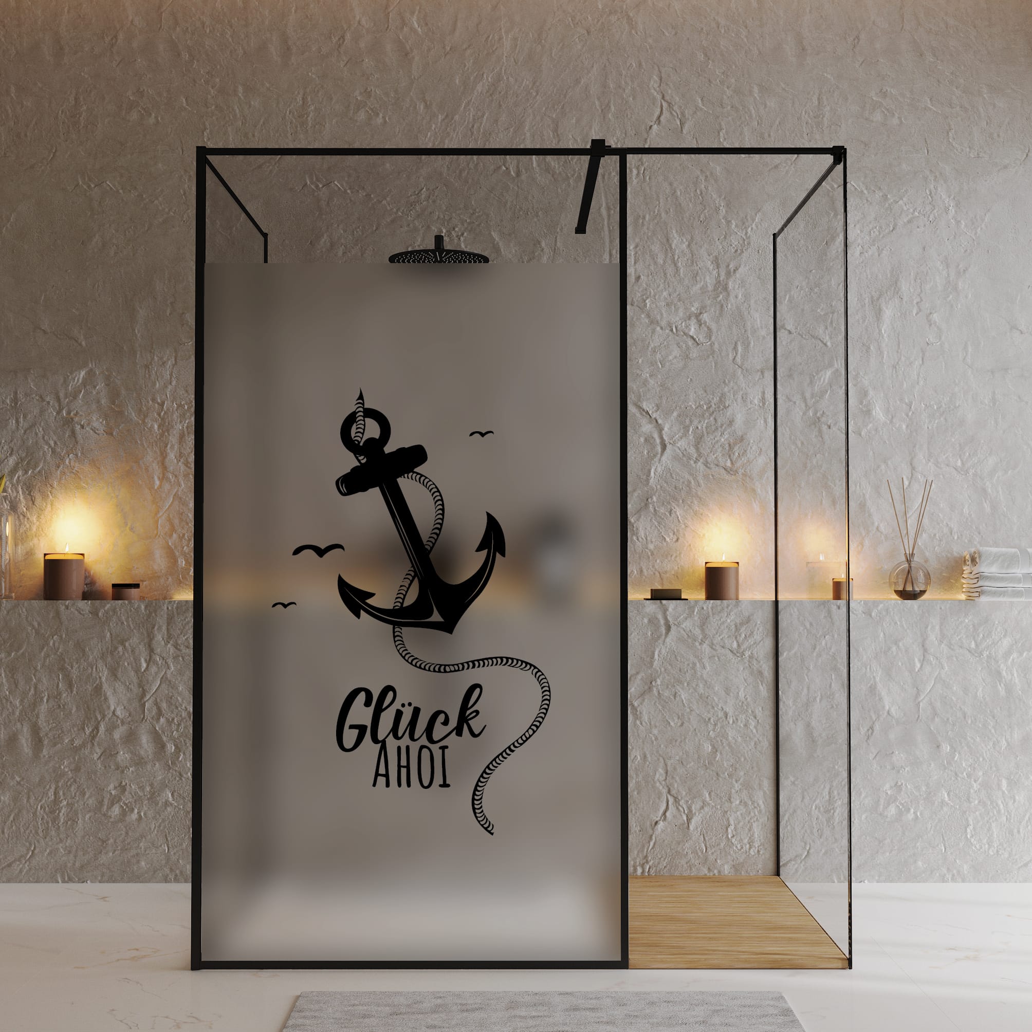 Auf dem Bild ist das Produkt: Sichtschutzfolie Duschkabine Anker Maritim Glück Ahoi Fensterfolie Dusche Duschglastür Duschwand schwarz oder weiß Milchglasfolie zum Preis von €23.9 abgebildet.