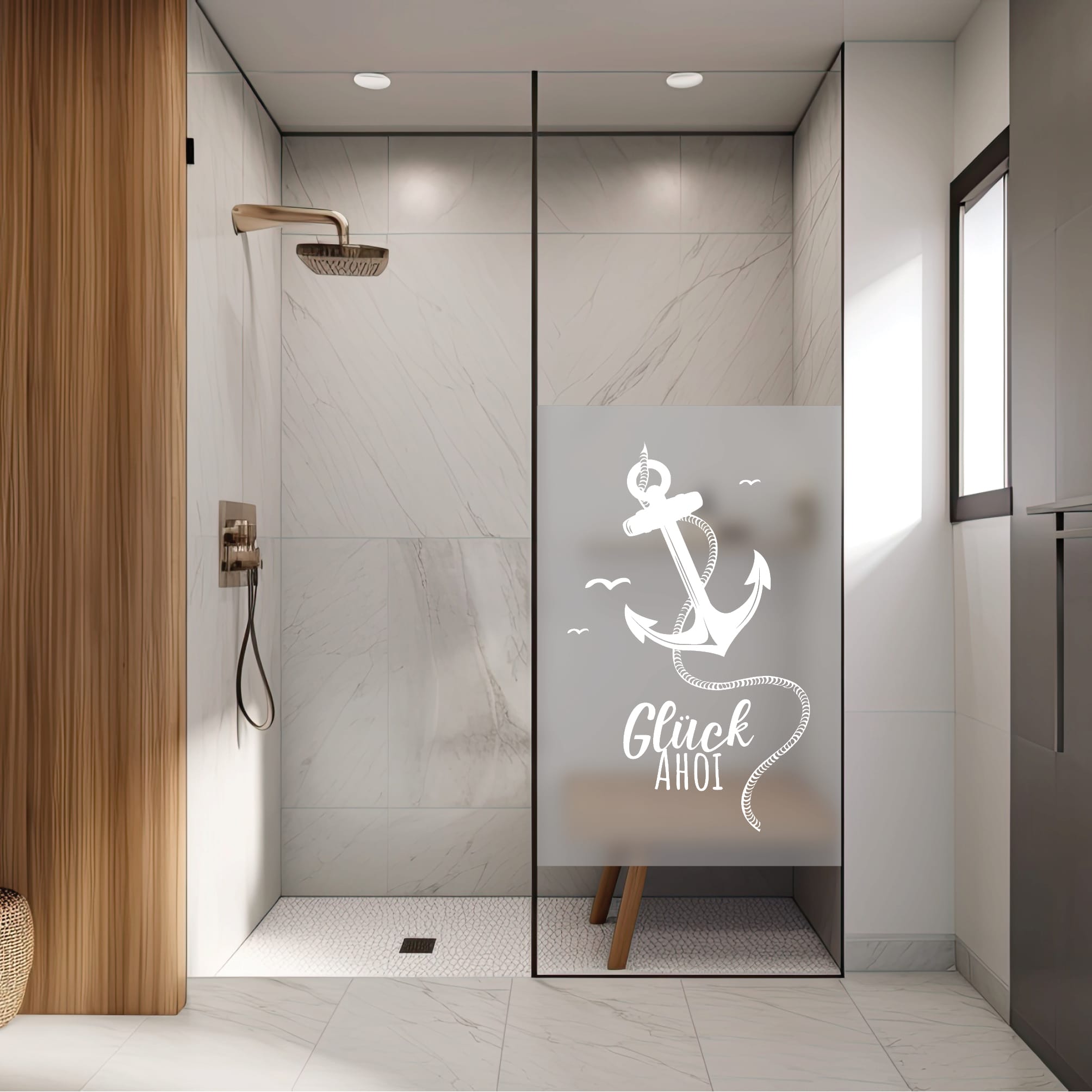 Auf dem Bild ist das Produkt: Sichtschutzfolie Duschkabine Anker Maritim Glück Ahoi Fensterfolie Dusche Duschglastür Duschwand schwarz oder weiß Milchglasfolie zum Preis von €23.9 abgebildet.
