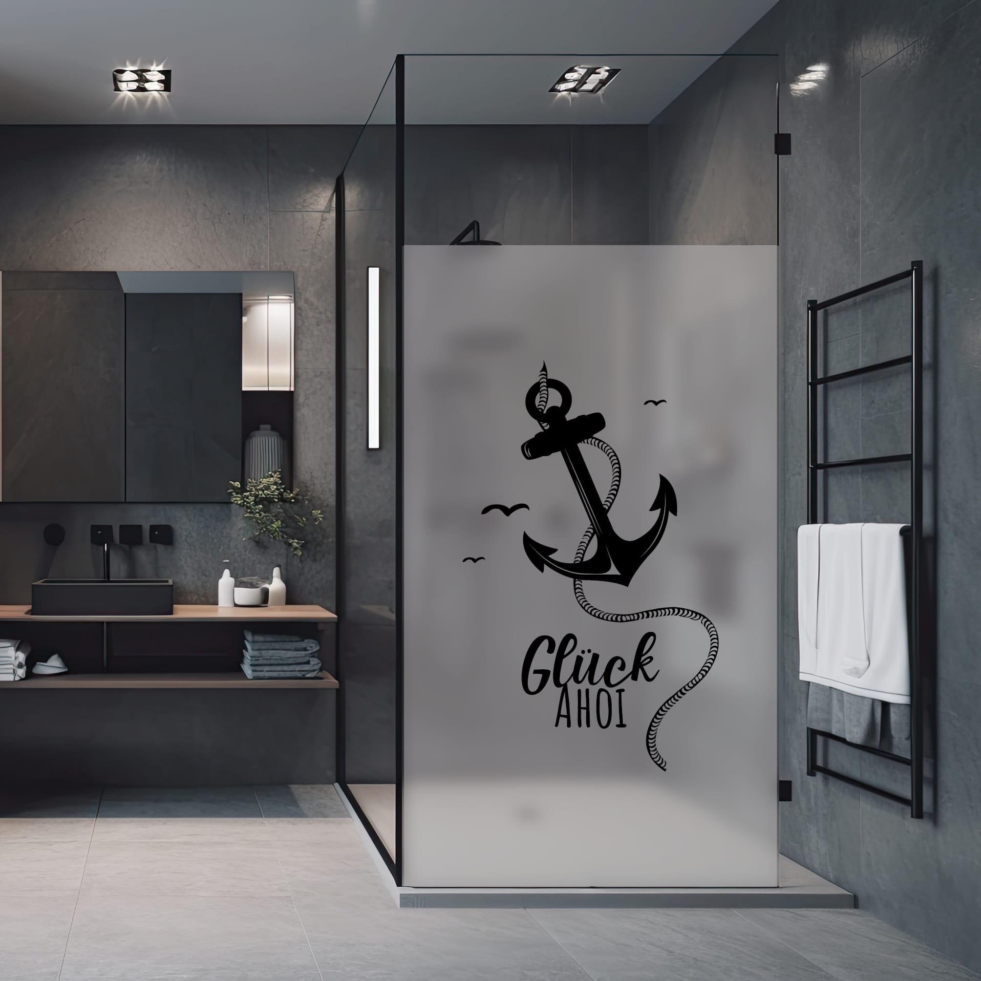 Auf dem Bild ist das Produkt: Sichtschutzfolie Duschkabine Anker Maritim Glück Ahoi Fensterfolie Dusche Duschglastür Duschwand schwarz oder weiß Milchglasfolie zum Preis von €23.9 abgebildet.