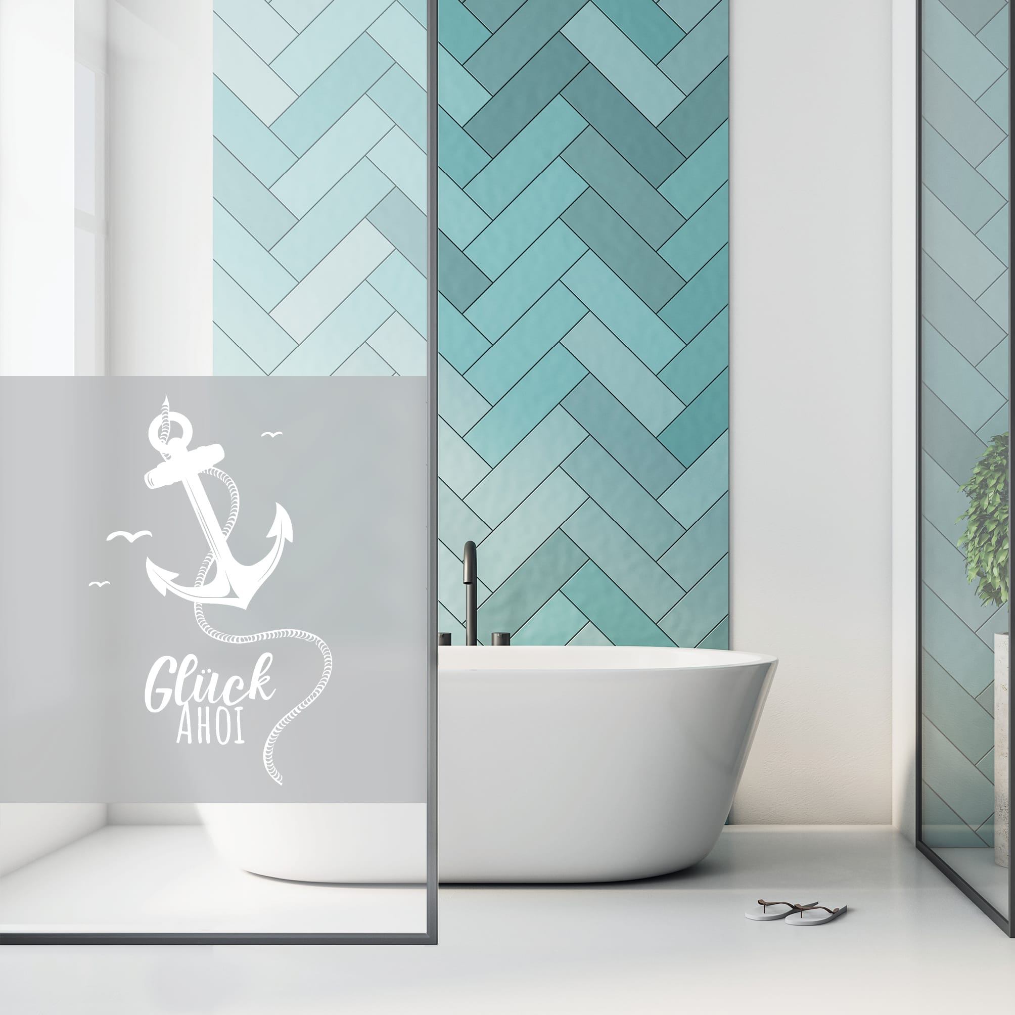 Auf dem Bild ist das Produkt: Sichtschutzfolie Duschkabine Anker Maritim Glück Ahoi Fensterfolie Dusche Duschglastür Duschwand schwarz oder weiß Milchglasfolie zum Preis von €23.9 abgebildet.