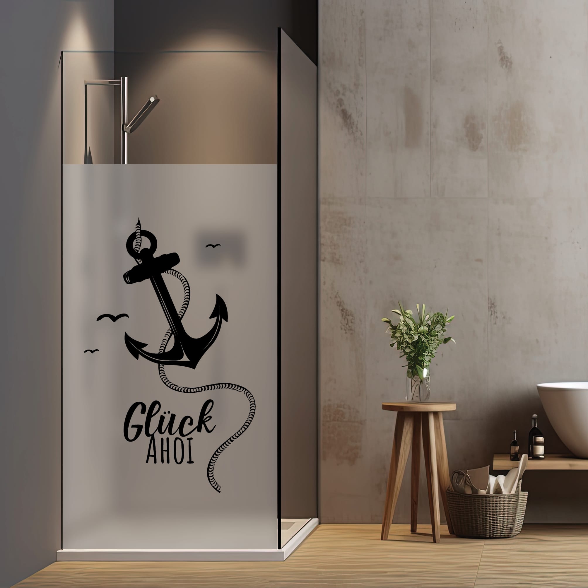 Sichtschutzfolie Duschkabine Anker Maritim Glück Ahoi Fensterfolie Dusche Duschglastür Duschwand schwarz oder weiß Milchglasfolie