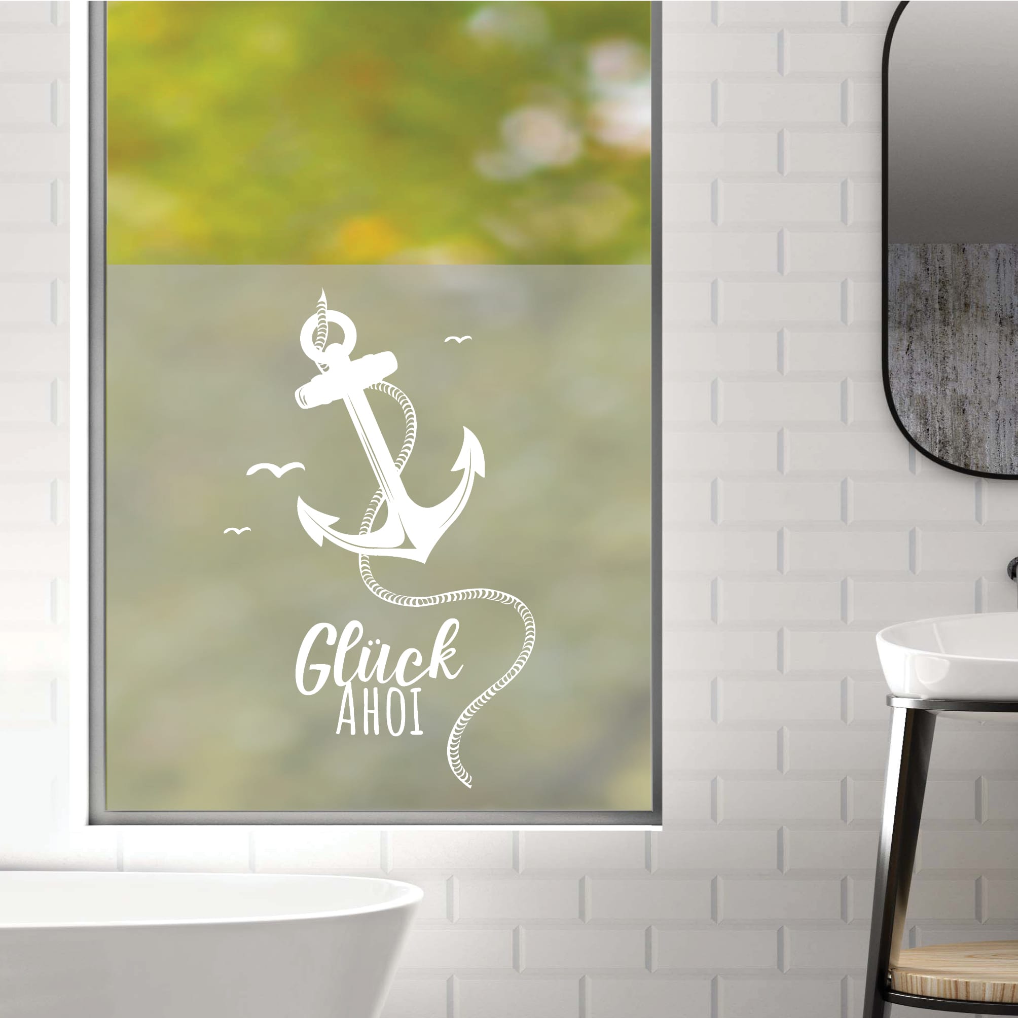 Auf dem Bild ist das Produkt: Sichtschutzfolie Duschkabine Anker Maritim Glück Ahoi Fensterfolie Dusche Duschglastür Duschwand schwarz oder weiß Milchglasfolie zum Preis von €23.9 abgebildet.