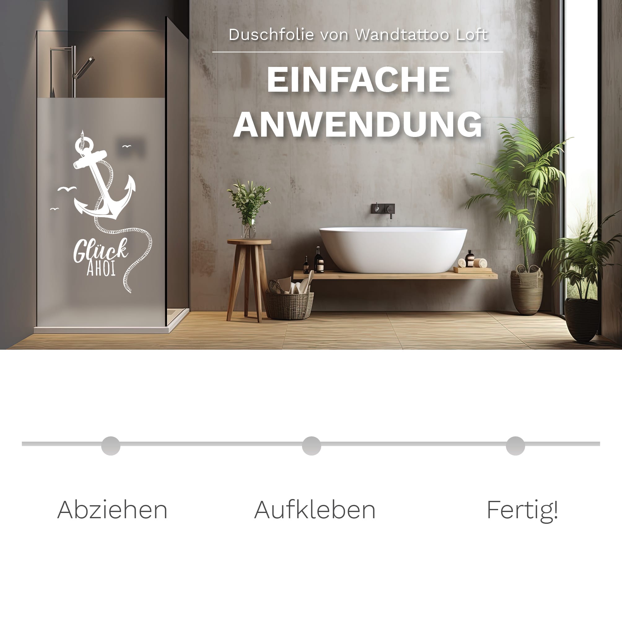 Auf dem Bild ist das Produkt: Sichtschutzfolie Duschkabine Anker Maritim Glück Ahoi Fensterfolie Dusche Duschglastür Duschwand schwarz oder weiß Milchglasfolie zum Preis von €23.9 abgebildet.