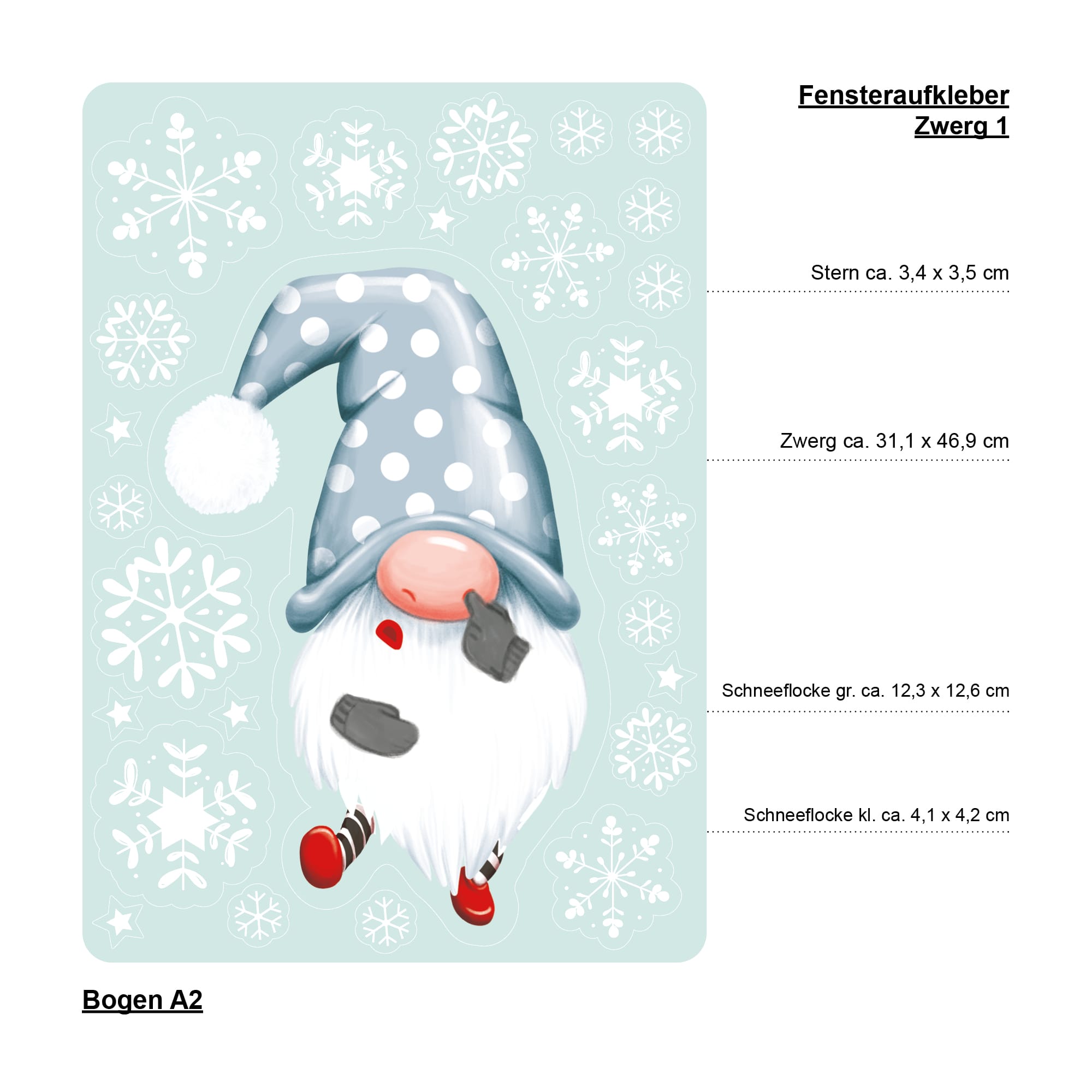 Auf dem Bild ist das Produkt: Fensterbild Weihnachten Winter einzelne Zwerge Wichtel und Schneeflocken Fensteraufkleber zum Preis von €13.90 abgebildet.