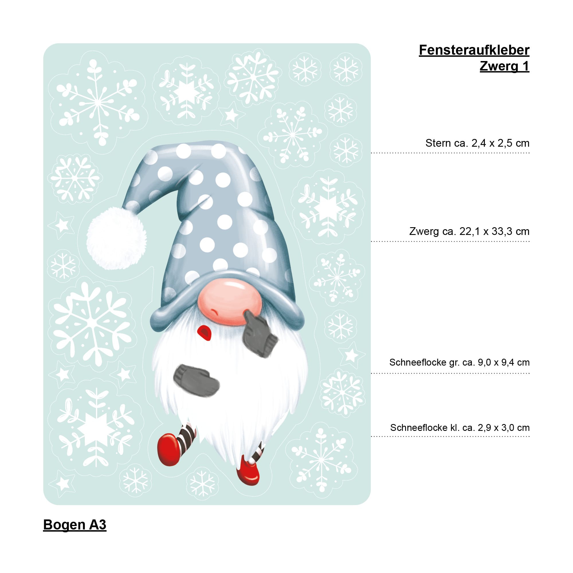 Auf dem Bild ist das Produkt: Fensterbild Weihnachten Winter einzelne Zwerge Wichtel und Schneeflocken Fensteraufkleber zum Preis von €13.90 abgebildet.