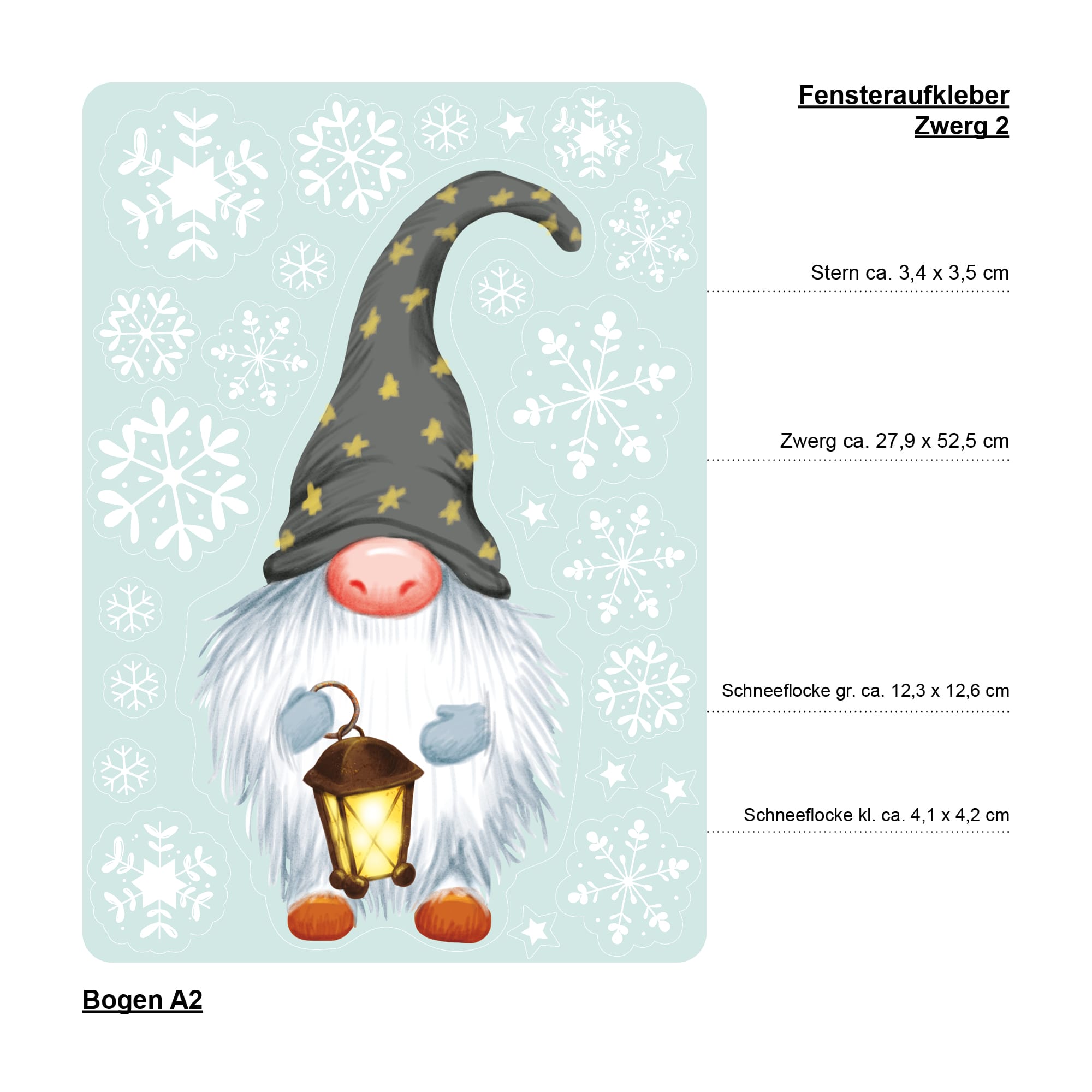 Auf dem Bild ist das Produkt: Fensterbild Weihnachten Winter einzelne Zwerge Wichtel und Schneeflocken Fensteraufkleber zum Preis von €13.90 abgebildet.