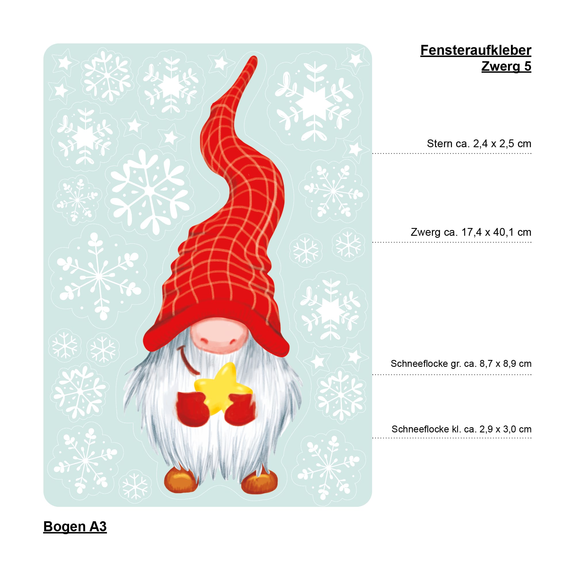 Auf dem Bild ist das Produkt: Fensterbild Weihnachten Winter einzelne Zwerge Wichtel und Schneeflocken Fensteraufkleber zum Preis von €13.90 abgebildet.