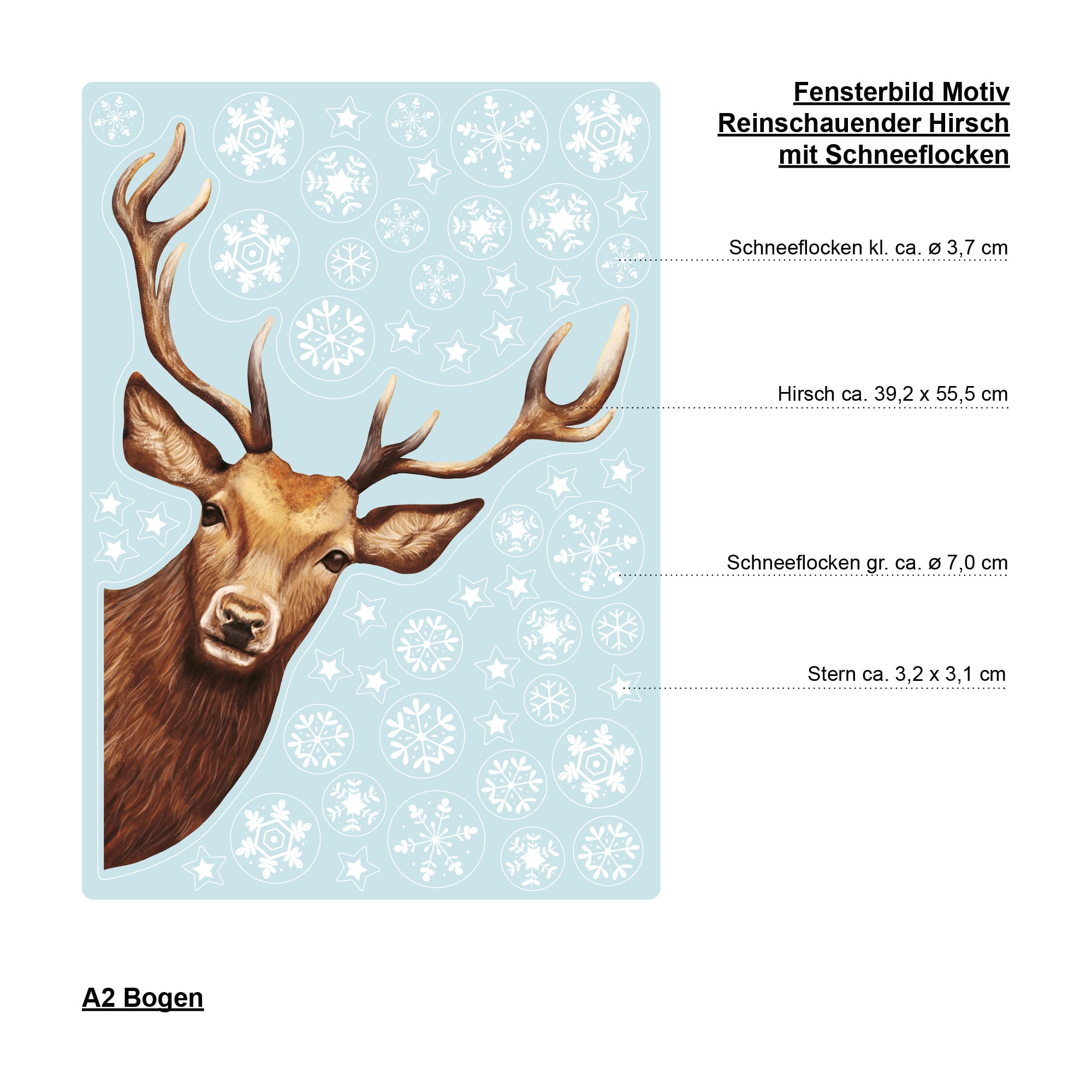 Auf dem Bild ist das Produkt: Fensterbild reinschauender Hirsch Rotwild Wild Schneeflocken Winter winterlicher Fensteraufkleber Fensterdeko Winterdeko wiederverwendbar zum Preis von €13.90 abgebildet.