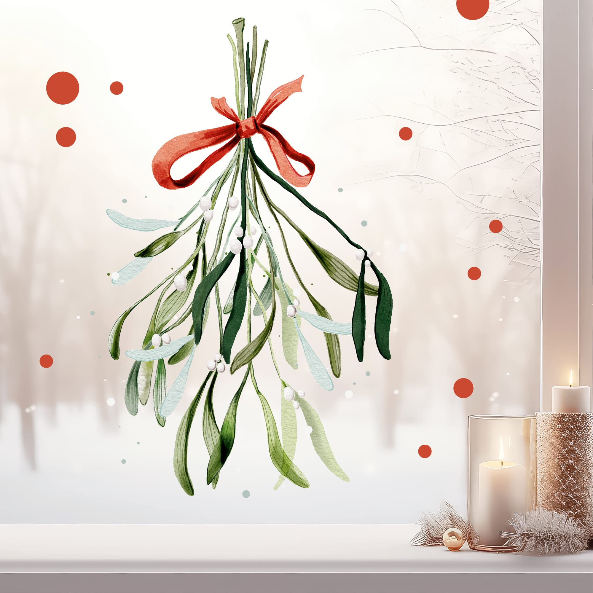 Auf dem Bild ist das Produkt: Fensterbild Mistelzweig Schleife weiß rot Büschel Mistelzweige Früchte Punkte wiederverwendbar Dekoration Weihnachten Christmas zum Preis von €13.90 abgebildet.