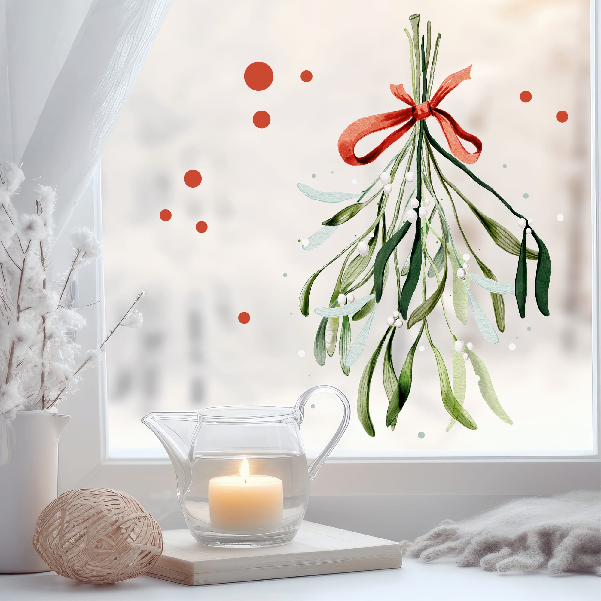 Auf dem Bild ist das Produkt: Fensterbild Mistelzweig Schleife weiß rot Büschel Mistelzweige Früchte Punkte wiederverwendbar Dekoration Weihnachten Christmas zum Preis von €13.90 abgebildet.