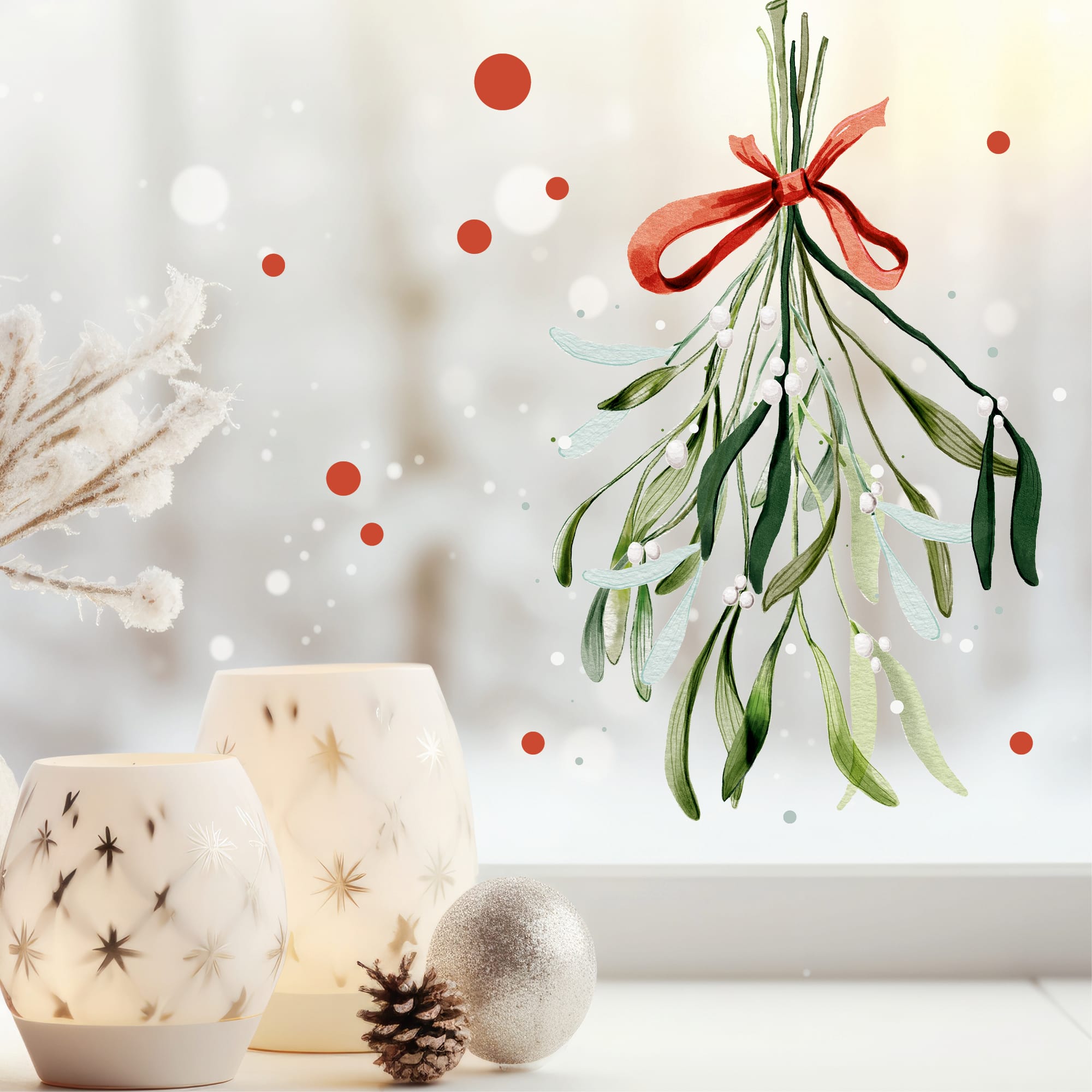 Auf dem Bild ist das Produkt: Fensterbild Mistelzweig Schleife weiß rot Büschel Mistelzweige Früchte Punkte wiederverwendbar Dekoration Weihnachten Christmas zum Preis von €13.90 abgebildet.
