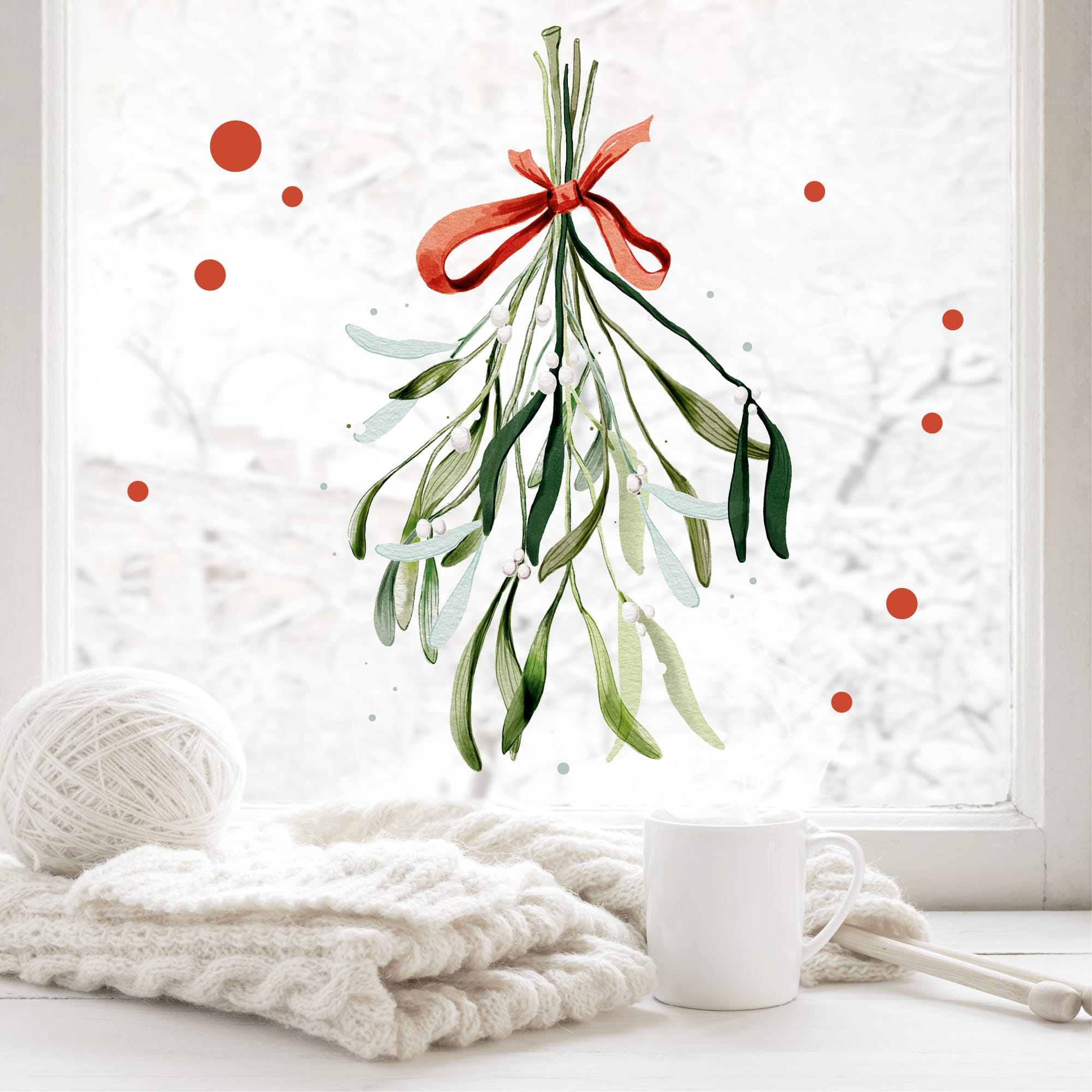 Auf dem Bild ist das Produkt: Fensterbild Mistelzweig Schleife weiß rot Büschel Mistelzweige Früchte Punkte wiederverwendbar Dekoration Weihnachten Christmas zum Preis von €13.90 abgebildet.