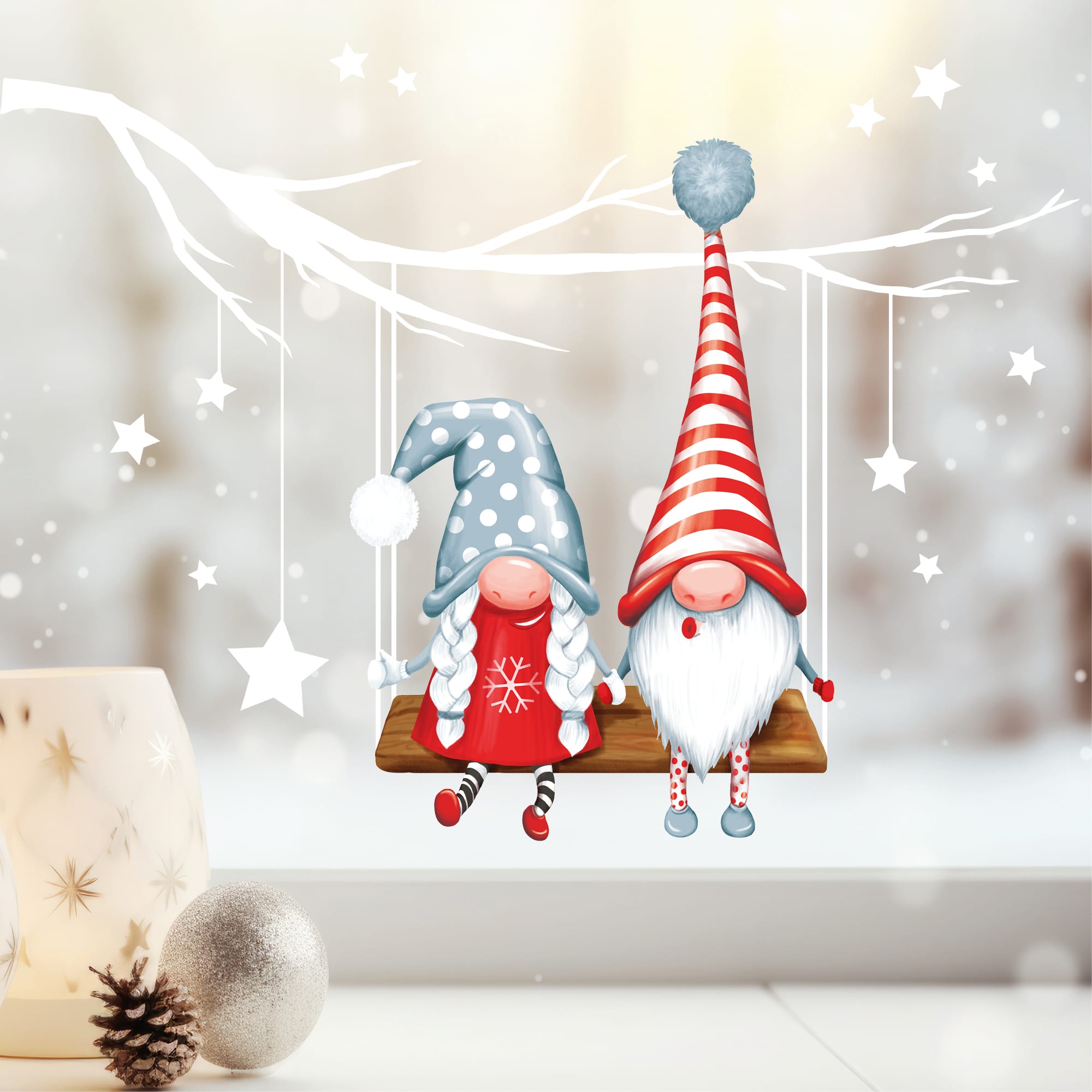 Fensterbild Weihnachten Winter Zwerge Wichtel Schaukel Weihnachtsterne Sterne weiß Fensteraufkleber