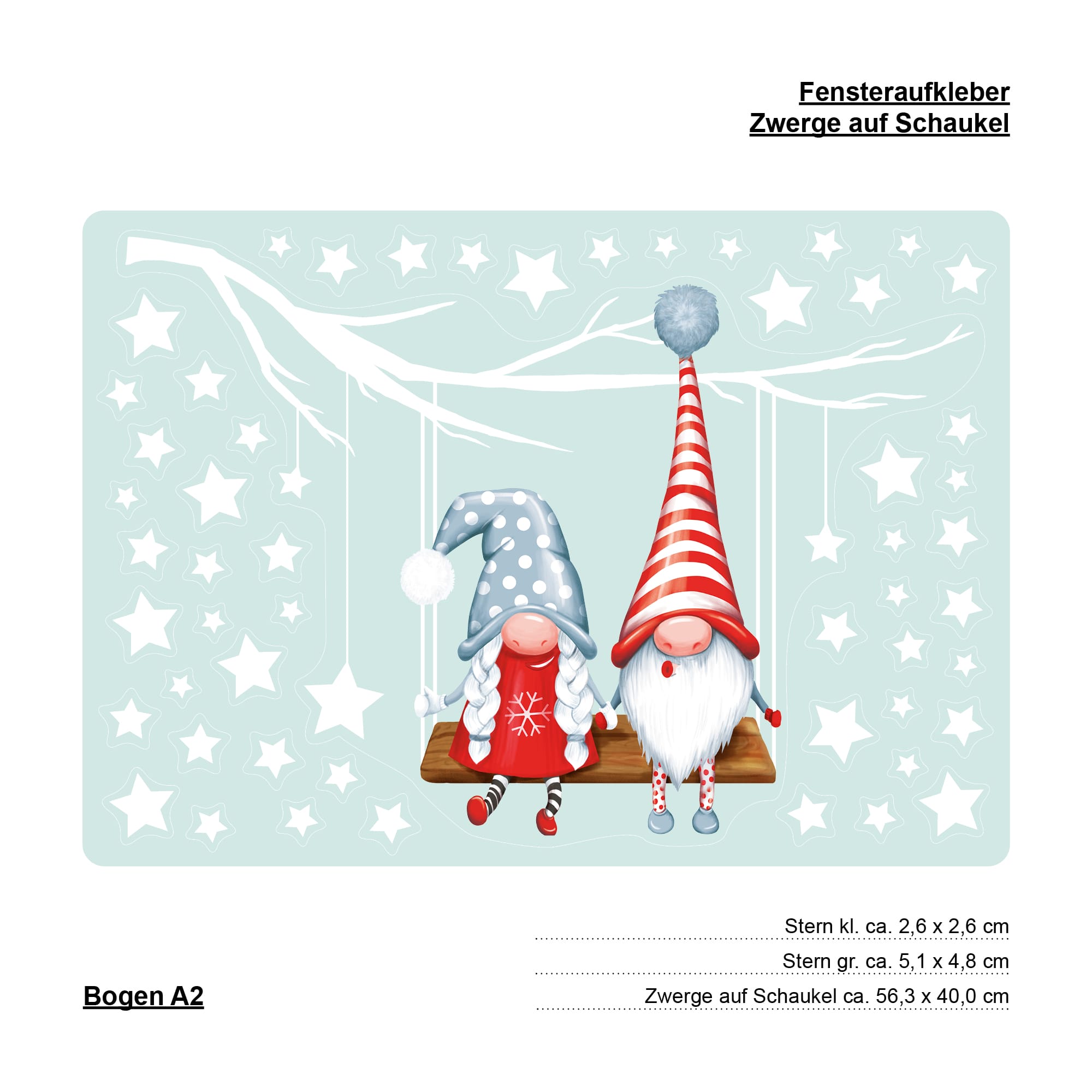 Auf dem Bild ist das Produkt: Fensterbild Weihnachten Winter Zwerge Wichtel Schaukel Weihnachtsterne Sterne weiß Fensteraufkleber zum Preis von €13.9 abgebildet.