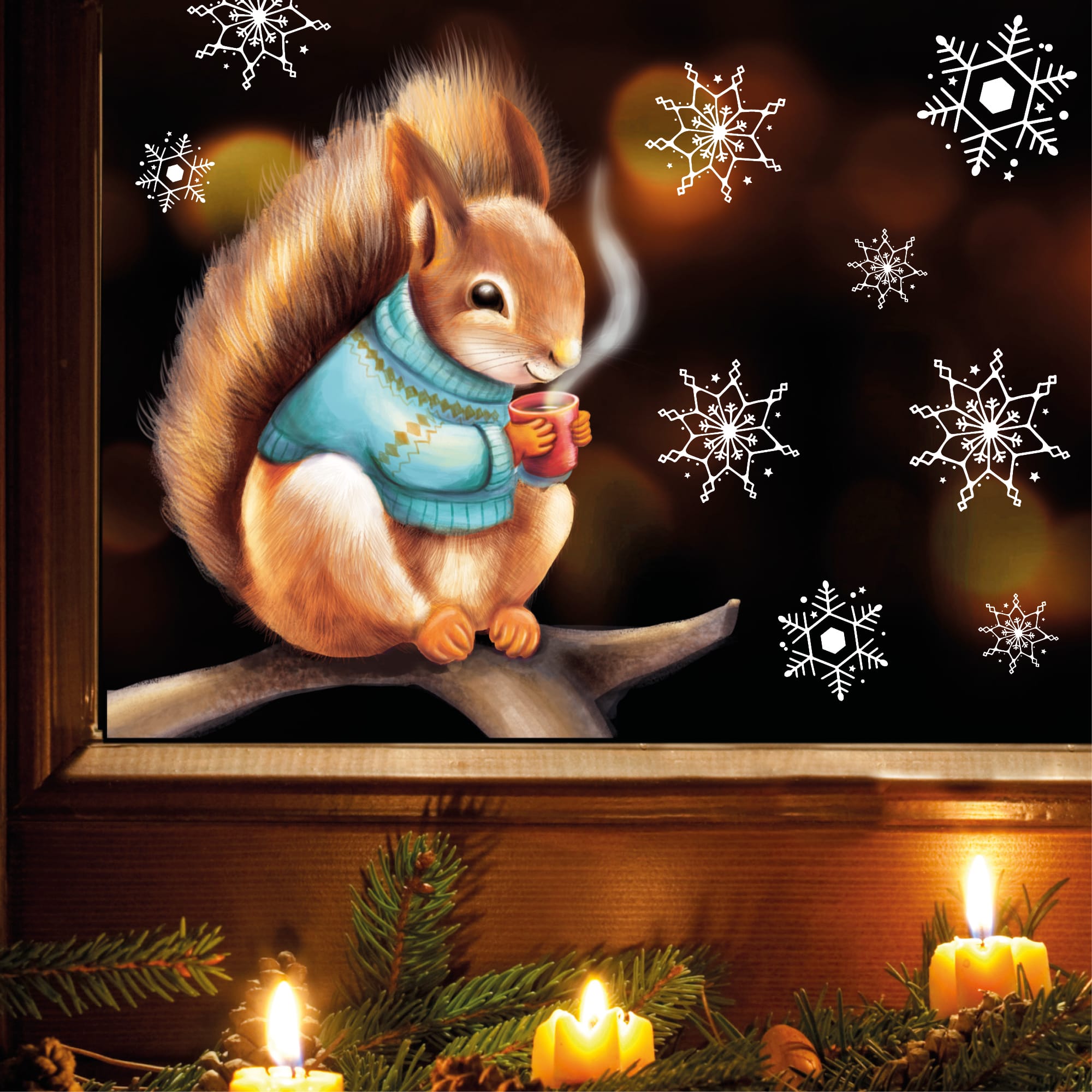 Auf dem Bild ist das Produkt: Fensterbild Weihnachten Eichhörnchen Pulli Schneeflocken Winterdeko Weihnachtsdeko Fensteraufkleber wiederverwendbar zum Preis von €13.90 abgebildet.