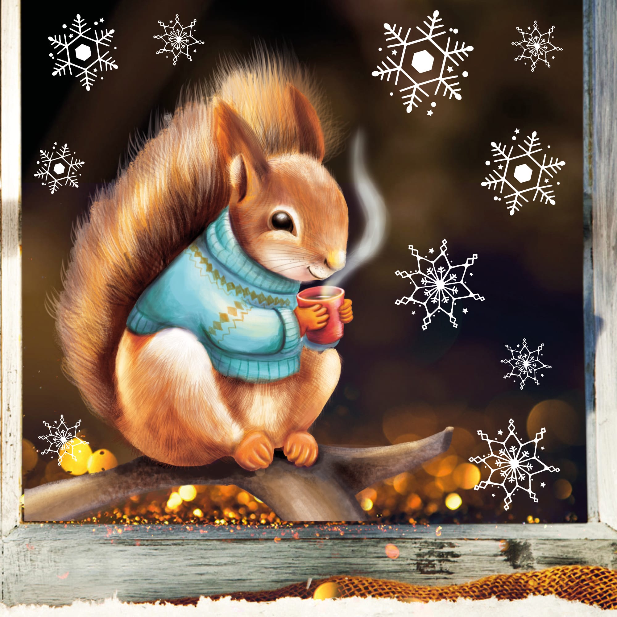Fensterbild Weihnachten Eichhörnchen Pulli Schneeflocken Winterdeko Weihnachtsdeko Fensteraufkleber wiederverwendbar