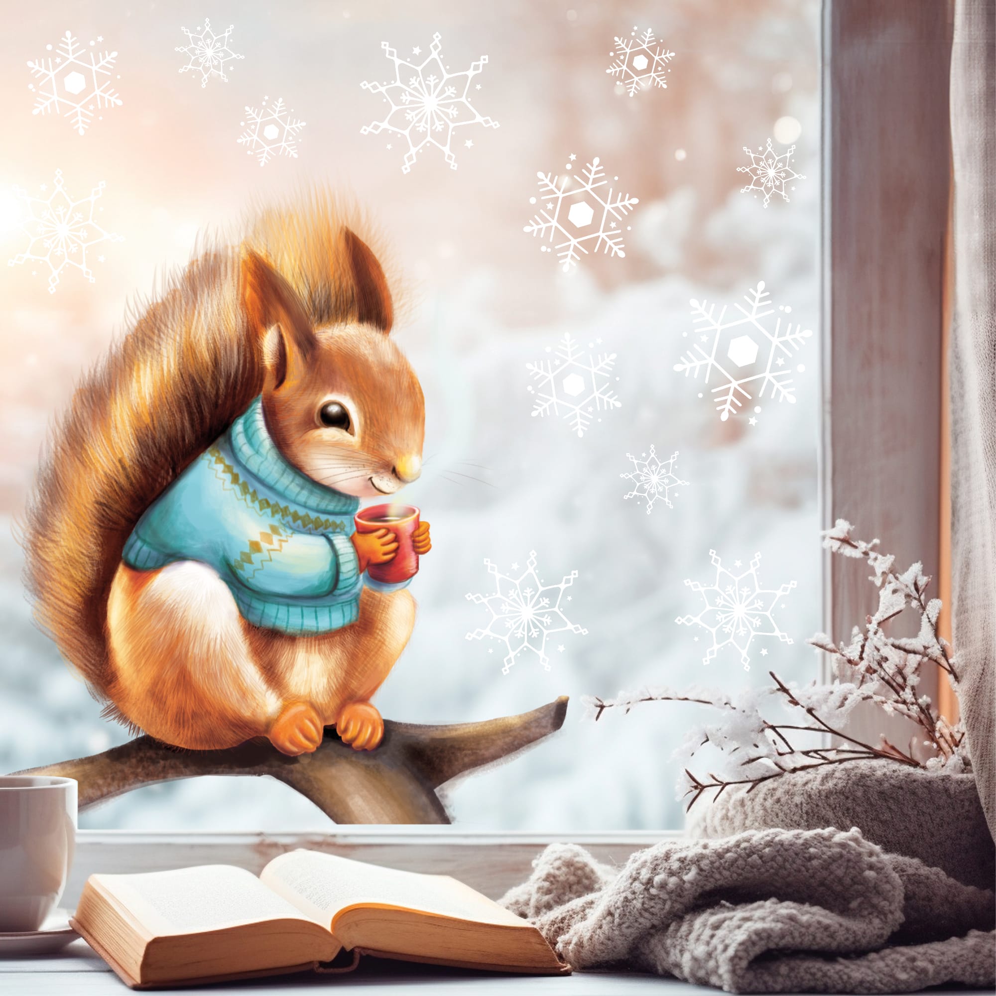 Auf dem Bild ist das Produkt: Fensterbild Weihnachten Eichhörnchen Pulli Schneeflocken Winterdeko Weihnachtsdeko Fensteraufkleber wiederverwendbar zum Preis von €13.90 abgebildet.