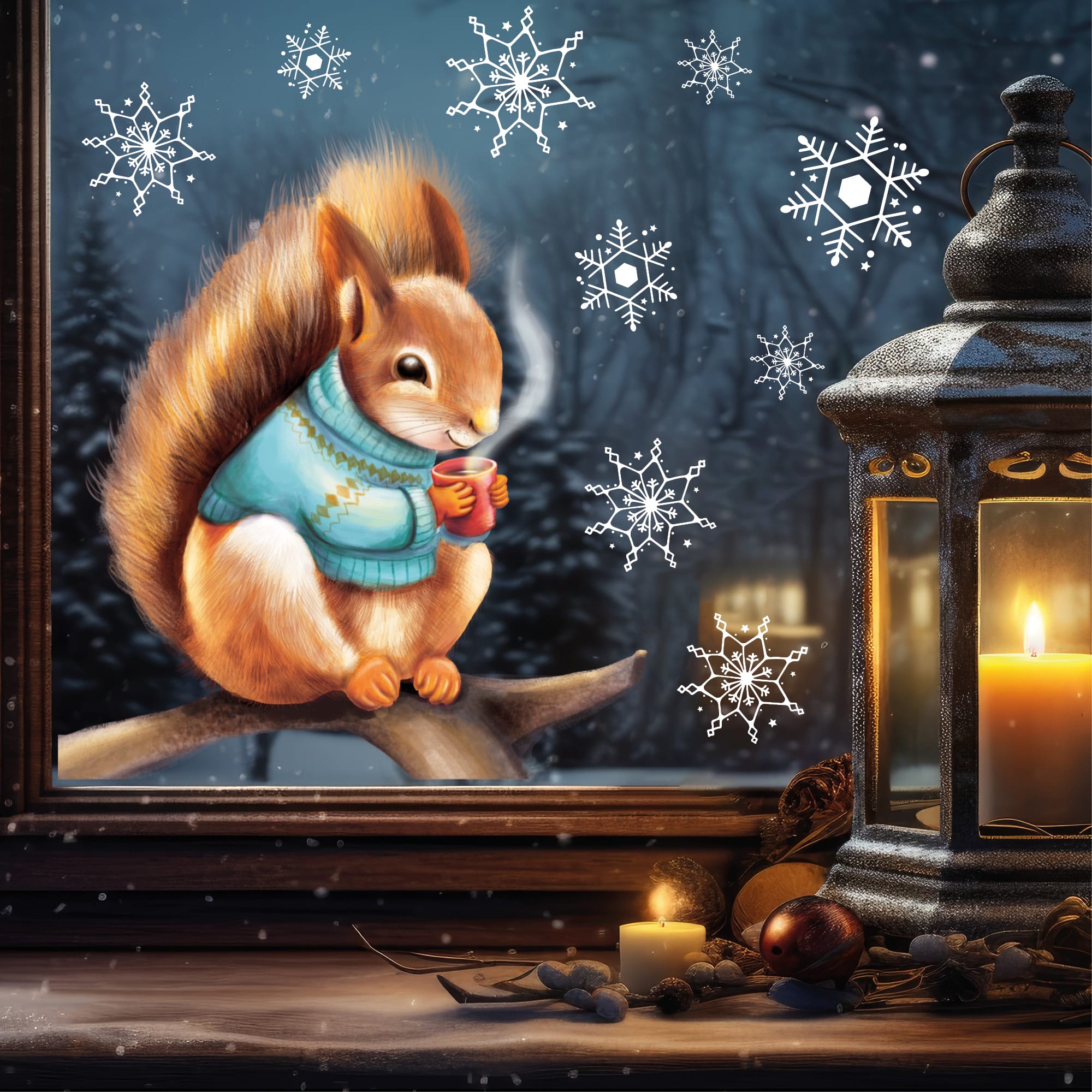 Auf dem Bild ist das Produkt: Fensterbild Weihnachten Eichhörnchen Pulli Schneeflocken Winterdeko Weihnachtsdeko Fensteraufkleber wiederverwendbar zum Preis von €13.90 abgebildet.