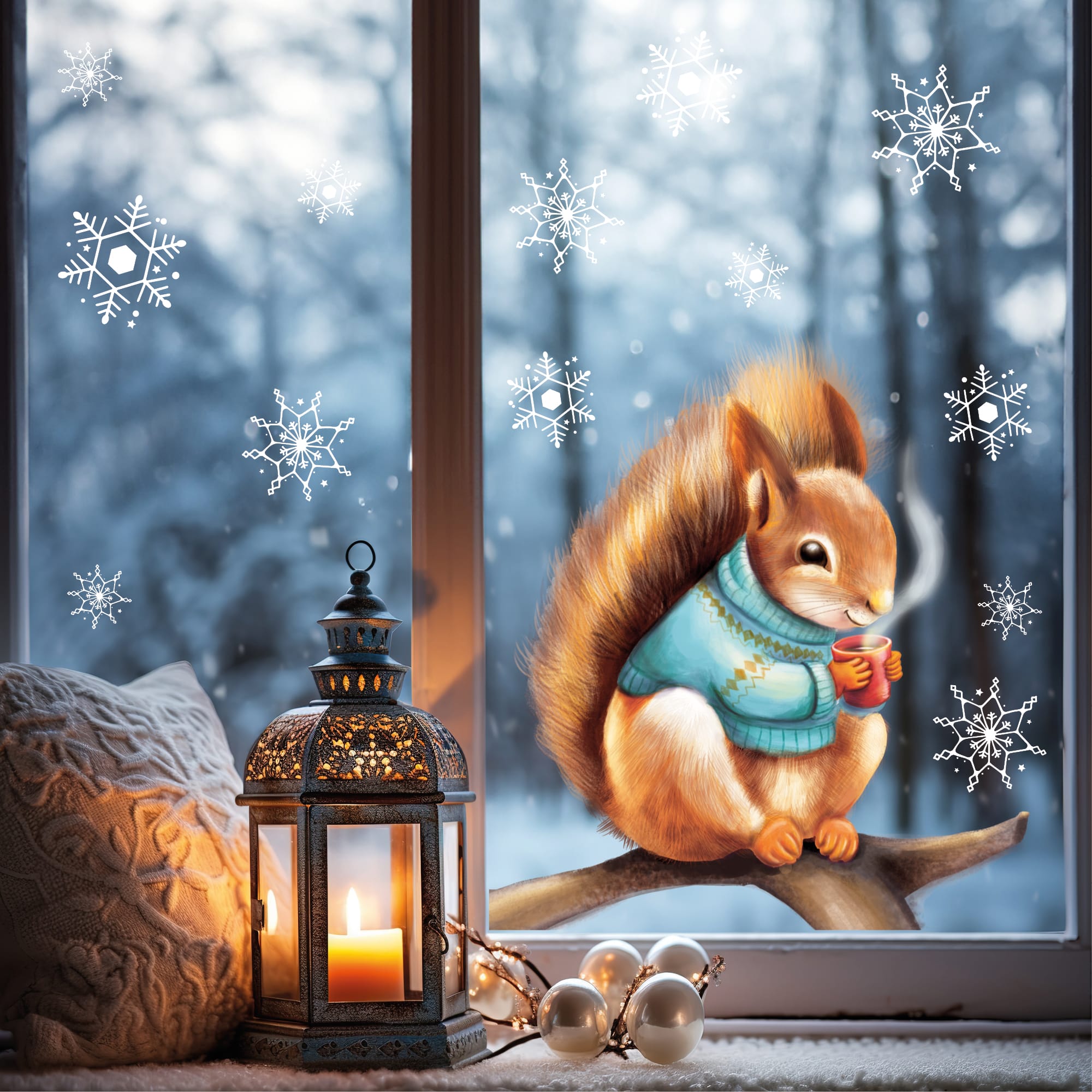 Auf dem Bild ist das Produkt: Fensterbild Weihnachten Eichhörnchen Pulli Schneeflocken Winterdeko Weihnachtsdeko Fensteraufkleber wiederverwendbar zum Preis von €13.90 abgebildet.