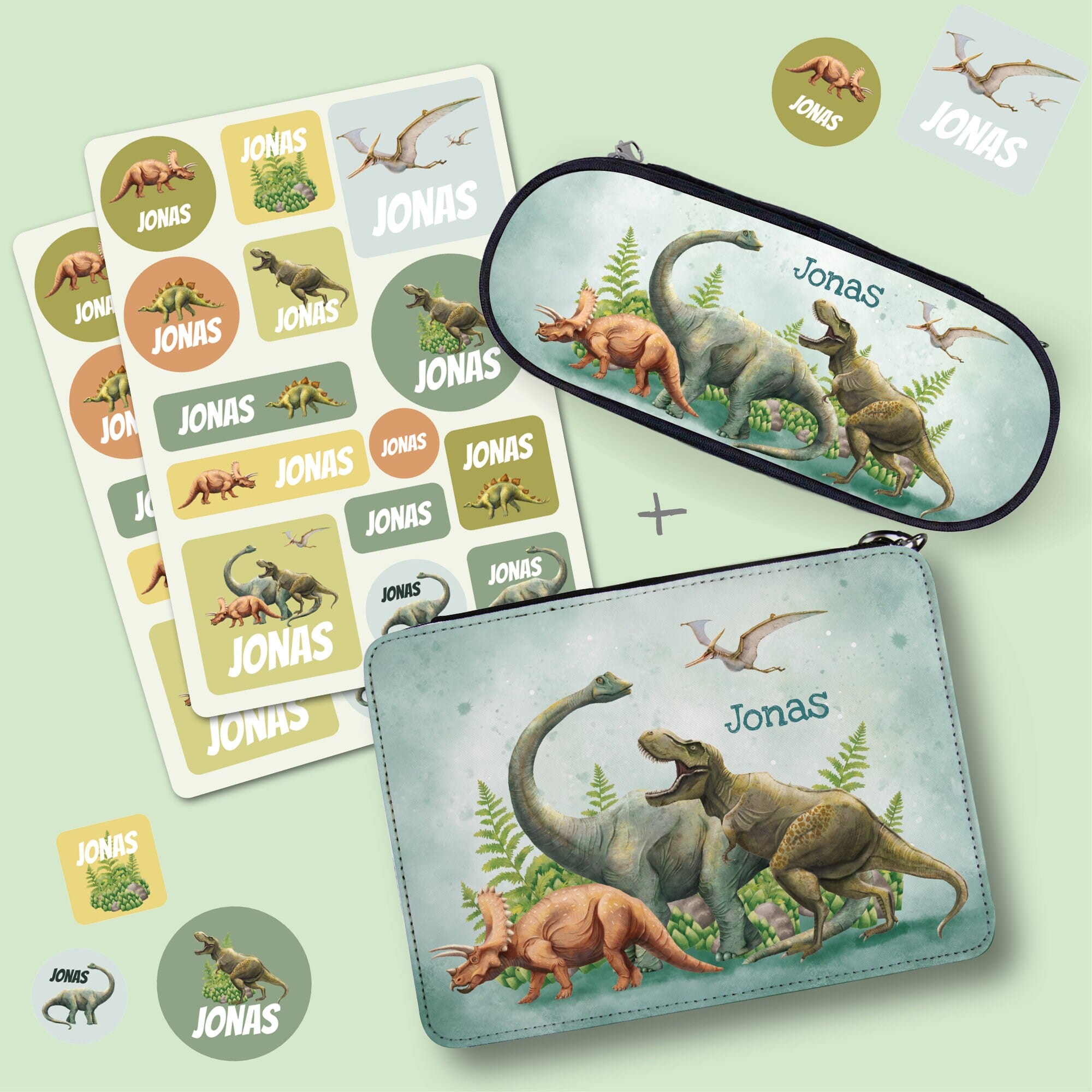 Einschulung Set Dinosaurier Gefüllte Federtasche Schlampermappe Aufkleber Namensticker personalisiert Wunschname Schulanfang Schule