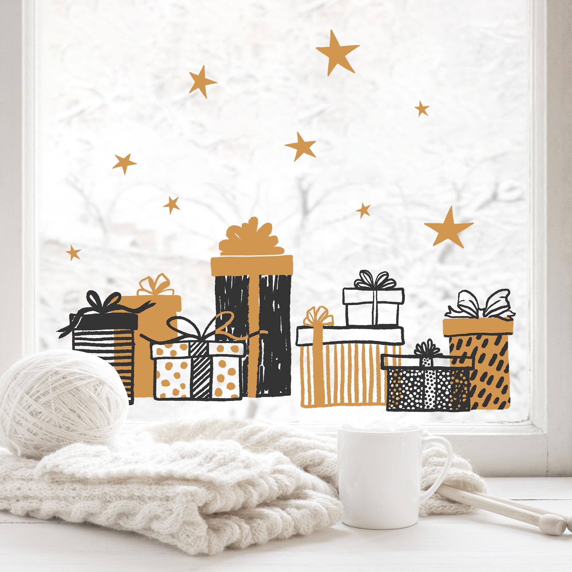 Fensterbild Weihnachten Geschenke Set mit Sterne schwarz goldähnlich minimalistisch Fensteraufkleber Weihnachtsdekoration wiederverwendbar