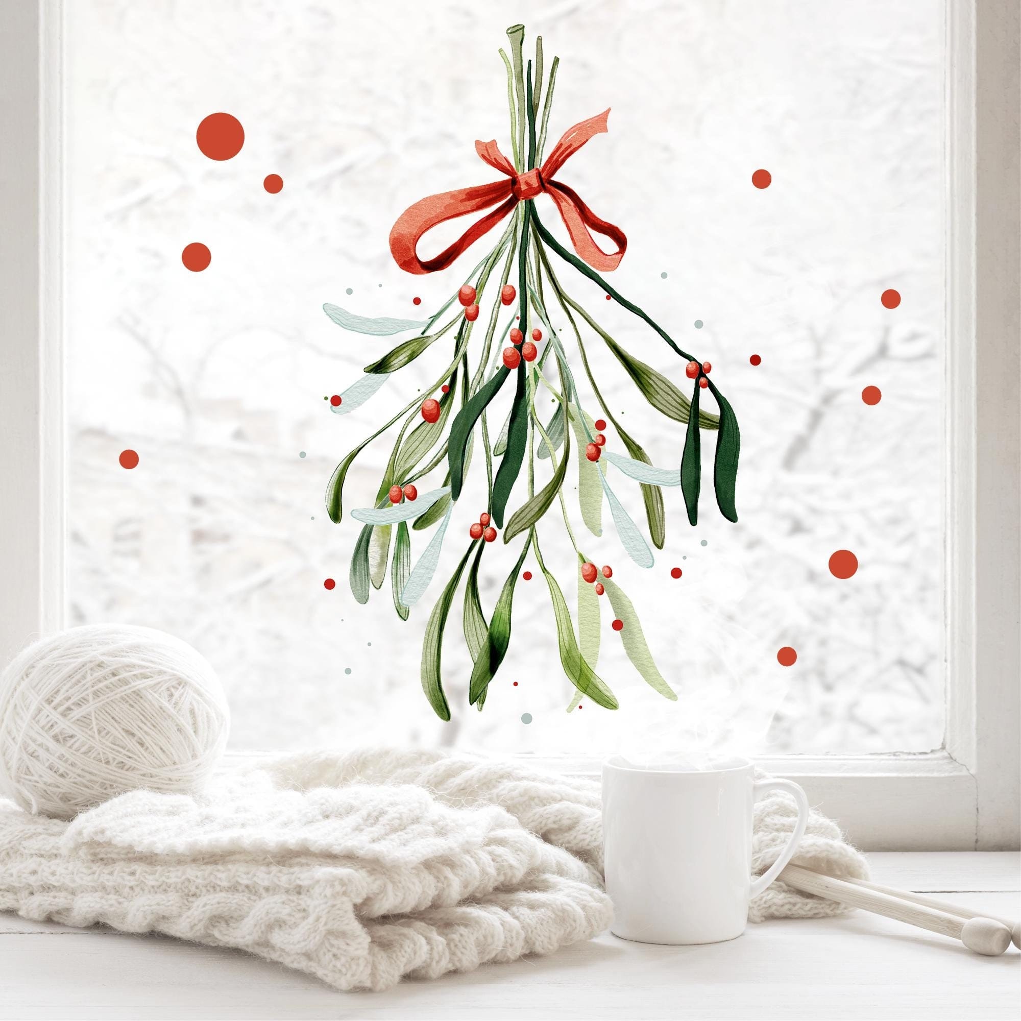 Fensterbild Mistelzweig Schleife weiß rot Büschel Mistelzweige Früchte Punkte wiederverwendbar Dekoration Weihnachten Christmas