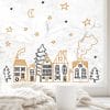 Auf dem Bild ist das Produkt: Fensteraufkleber Winterstadt schlicht Strichzeichnung Sterne Mond schwarz beige minimalistisch  Weihnachtsdekoration Winter wiederverwendbar zum Preis von €13.9 abgebildet.