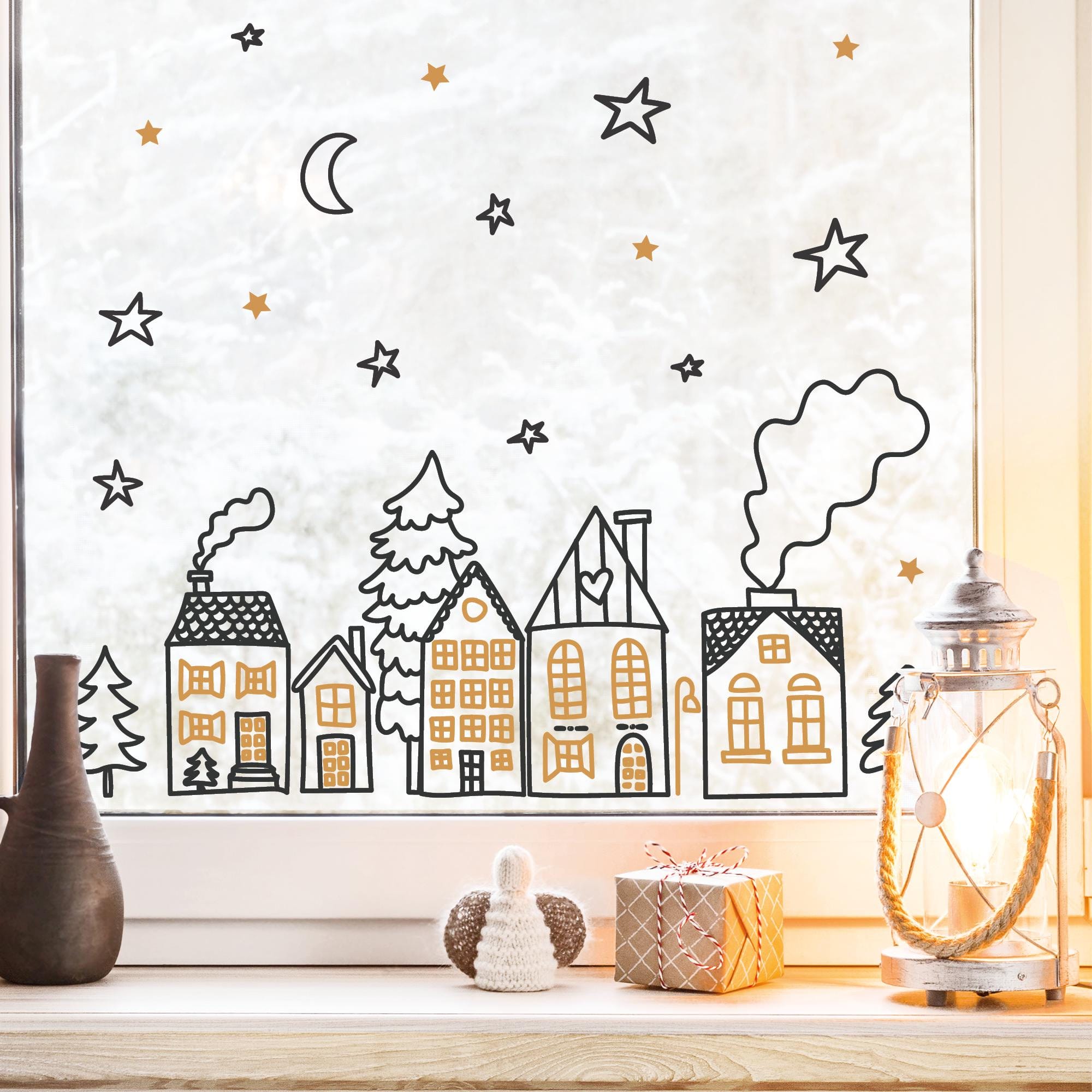 Fensteraufkleber Winterstadt schlicht Strichzeichnung Sterne Mond schwarz beige minimalistisch  Weihnachtsdekoration Winter wiederverwendbar