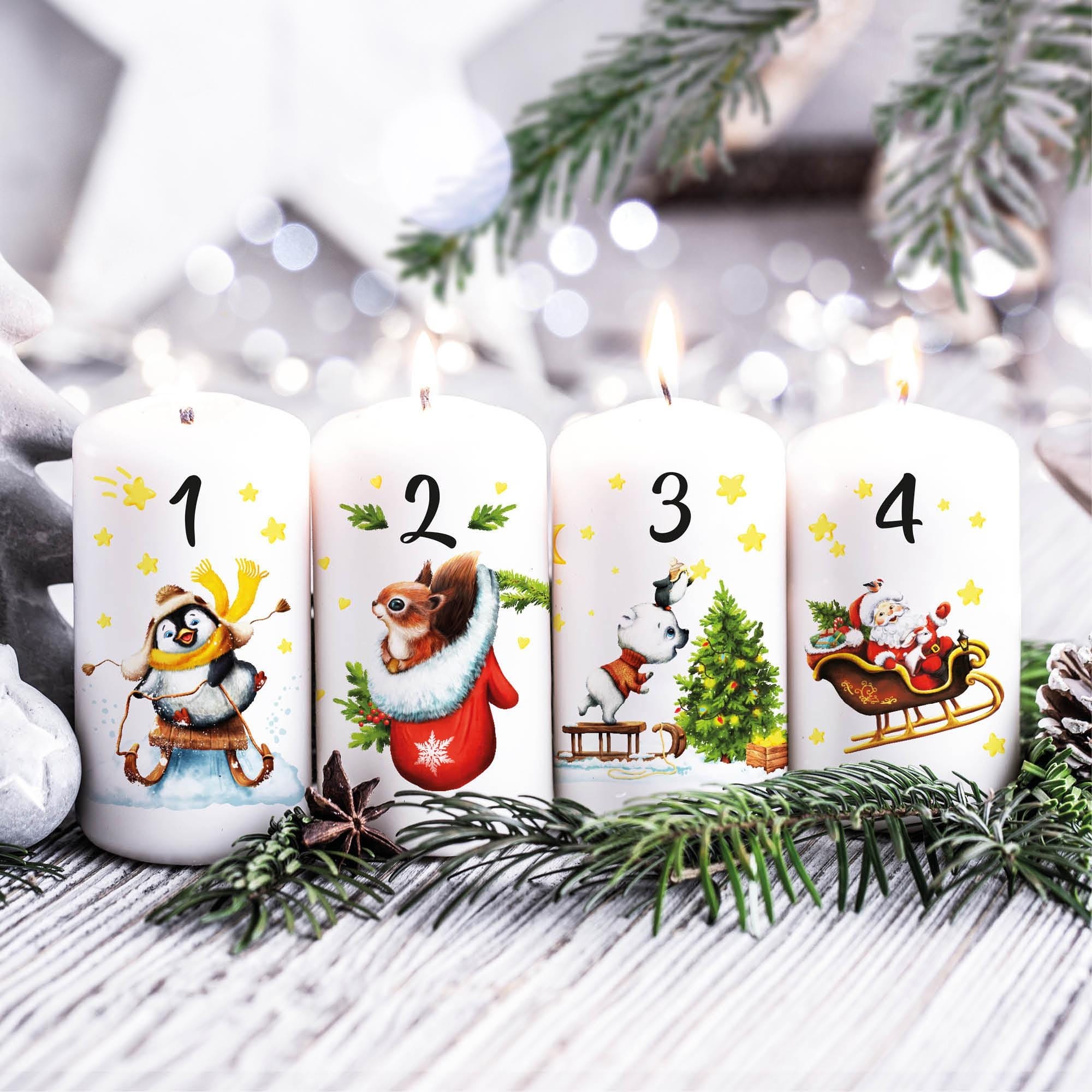 Adventskerzen 4er-Set Weihnachtskerzen 4 Motive Weihnachtsmann Wintertiere Advent Kalenderkerzen Adventsgesteck