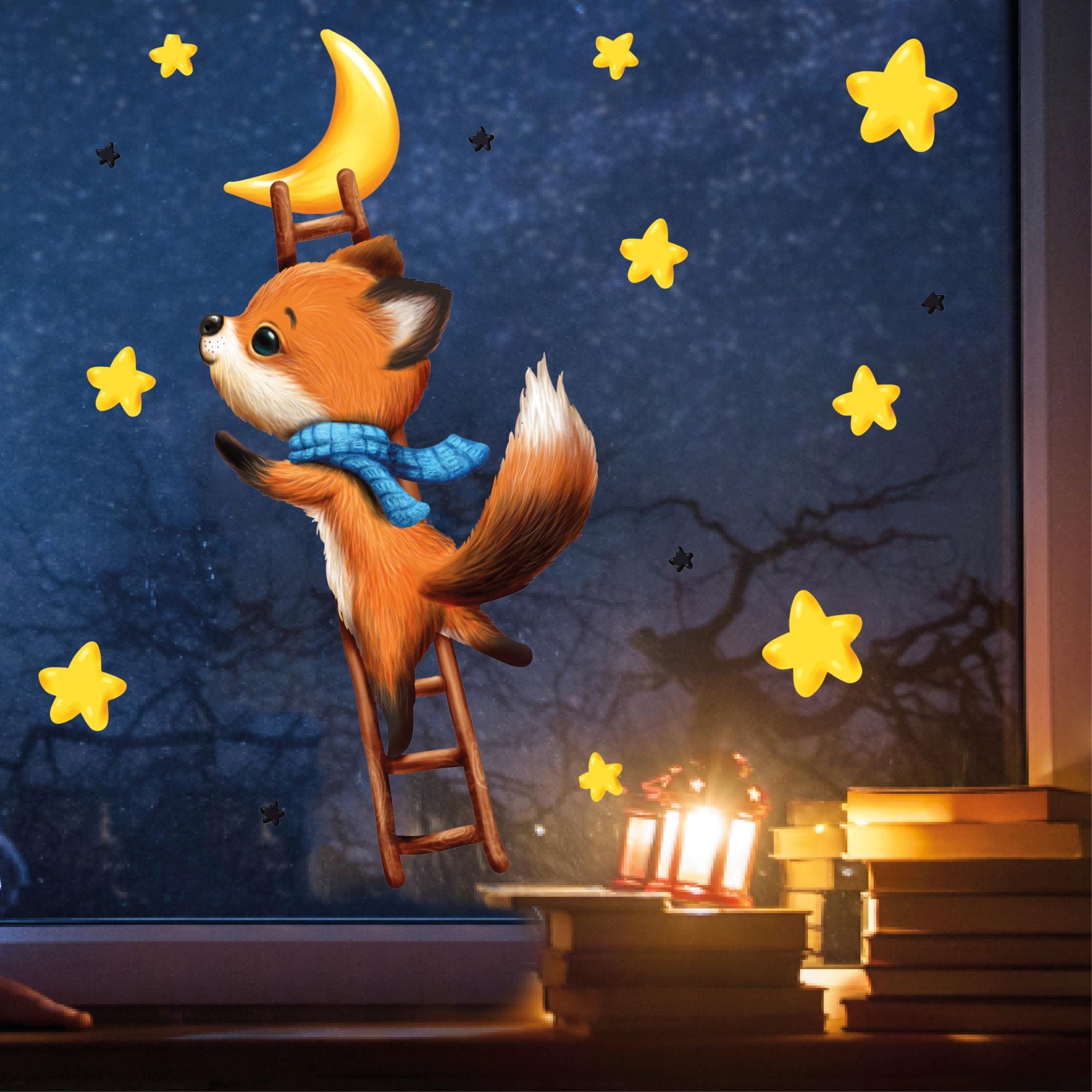 Fensterbild Fuchs Sterne Leiter Winter Weihnachtsdeko Mond Kinderzimmer Fenster Winterdeko wiederverwendbar