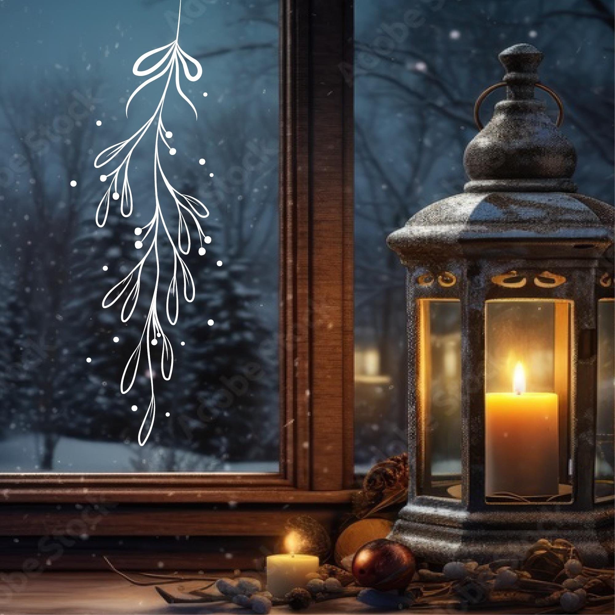Wiederverwendbar Fensterbild Mistelzweig weiß Kontur schlicht Zweige Schneebälle Schneekreise wiederverwendbar Frohe Weihnachten Christmas