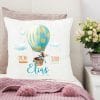 Auf dem Bild ist das Produkt: Kissen Geburt Hase im Heißluftballon, Geschenk zur Geburt personalisiertes Geburtskissen zum Preis von €16.90 abgebildet.