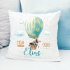 Auf dem Bild ist das Produkt: Kissen Geburt Hase im Heißluftballon, Geschenk zur Geburt personalisiertes Geburtskissen zum Preis von €16.90 abgebildet.