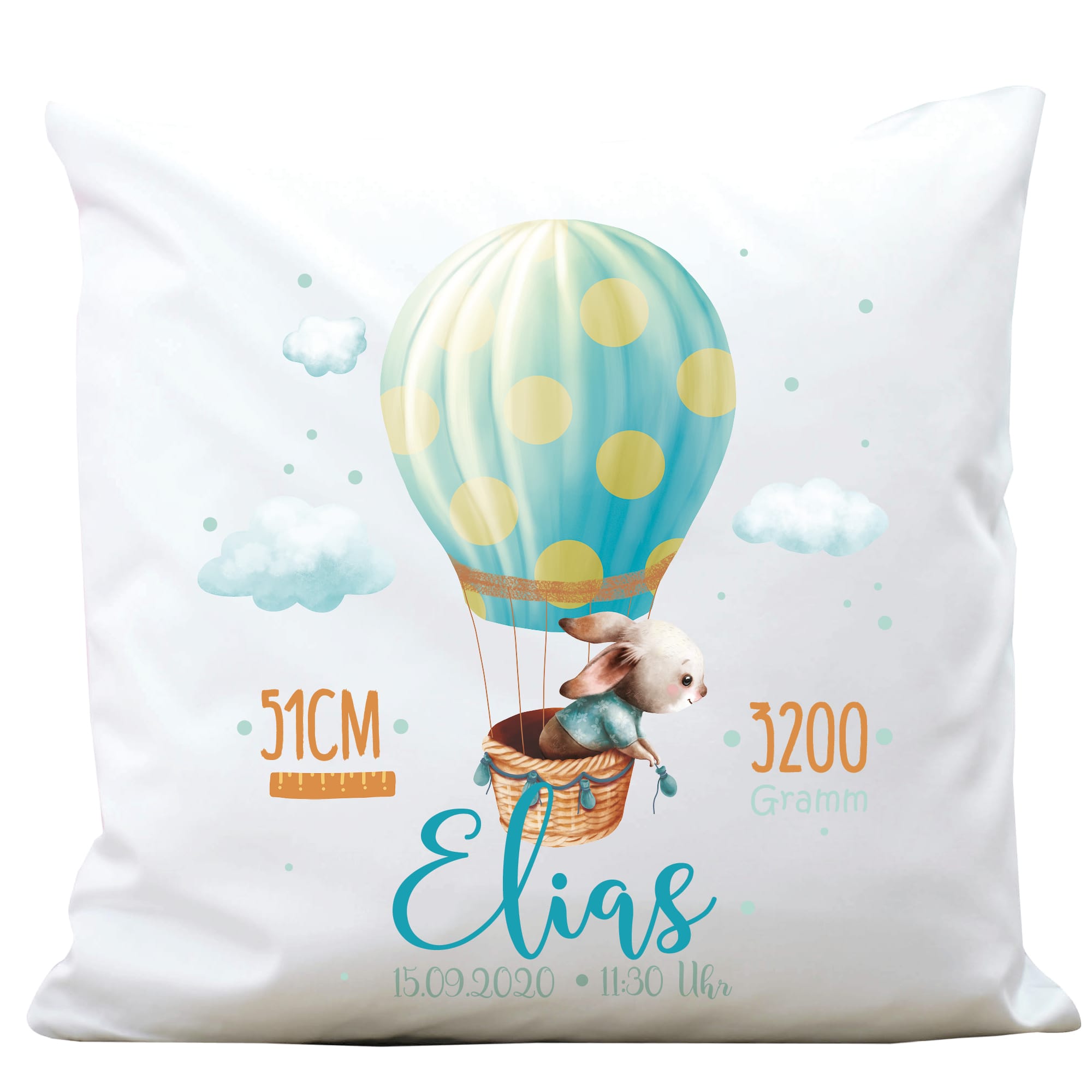 Auf dem Bild ist das Produkt: Kissen Geburt Hase im Heißluftballon, Geschenk zur Geburt personalisiertes Geburtskissen zum Preis von €16.90 abgebildet.