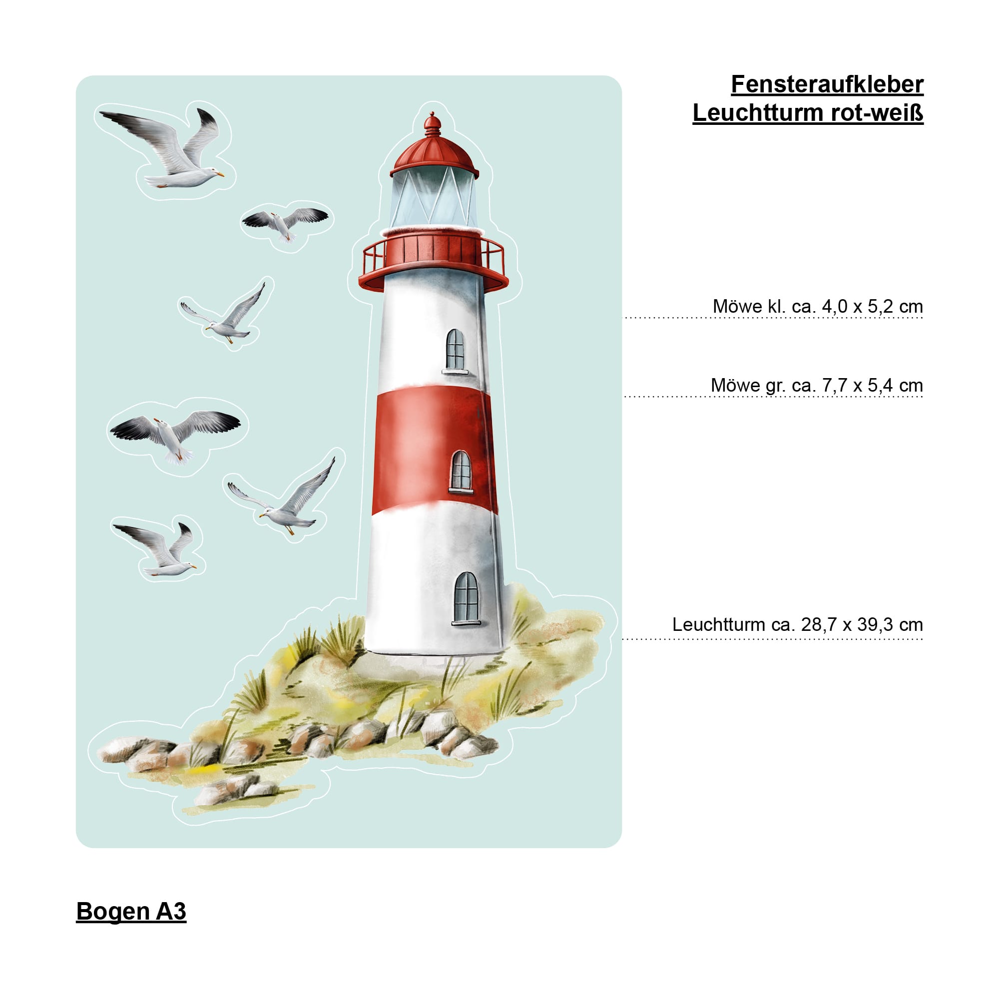 Auf dem Bild ist das Produkt: Fensterbild Leuchtturm Leuchtfeuer maritim rot blau grün Ostsee Nordsee Meer Urlaub Fensterdeko Küche Frühlingsdeko Möwen Warnemünde zum Preis von €13.9 abgebildet.