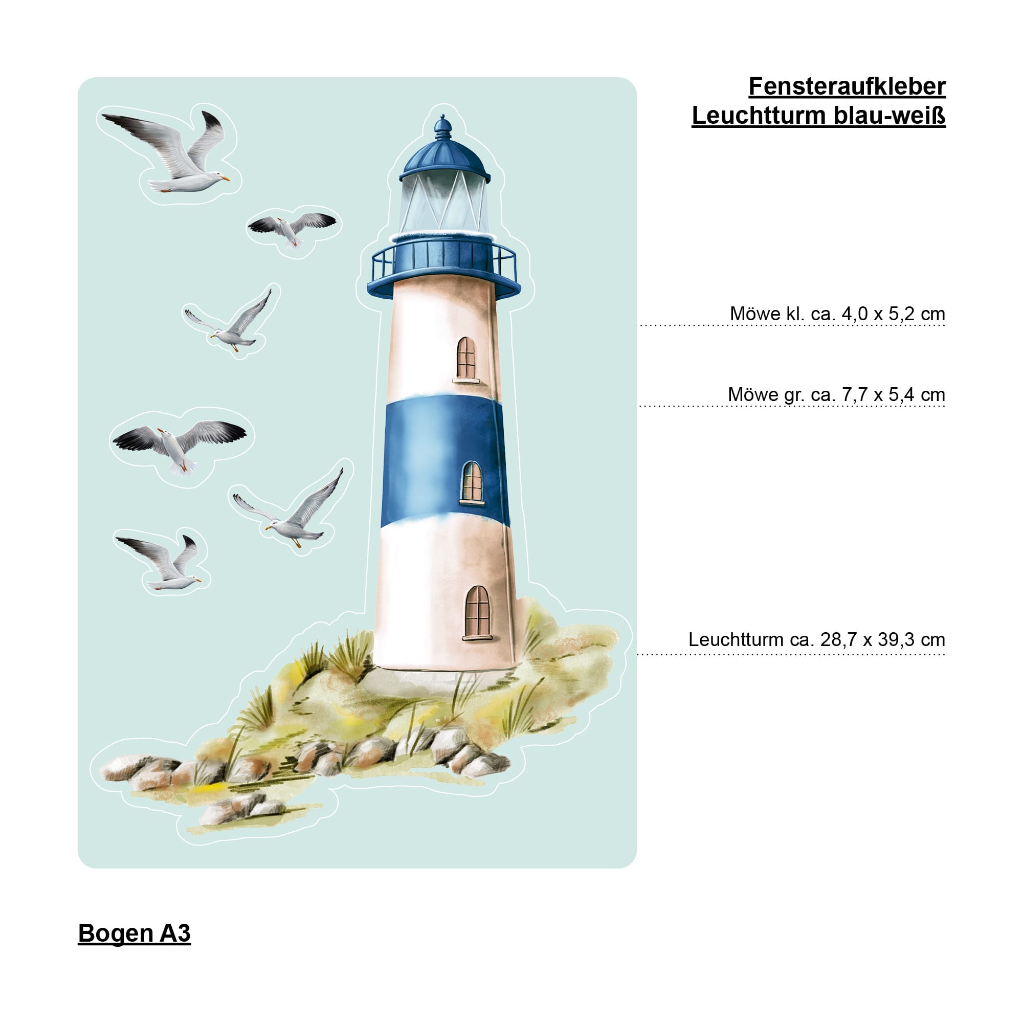 Auf dem Bild ist das Produkt: Fensterbild Leuchtturm Leuchtfeuer maritim rot blau grün Ostsee Nordsee Meer Urlaub Fensterdeko Küche Frühlingsdeko Möwen Warnemünde zum Preis von €13.9 abgebildet.
