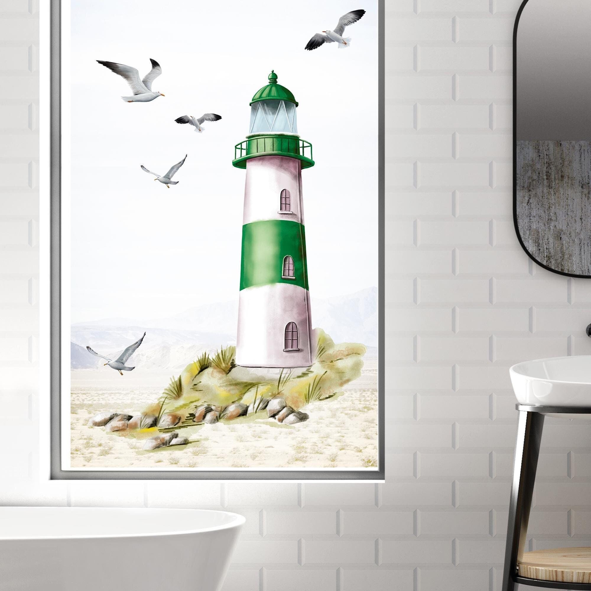 Fensterbild Leuchtturm Leuchtfeuer maritim rot blau grün Ostsee Nordsee Meer Urlaub Fensterdeko Küche Frühlingsdeko Möwen Warnemünde