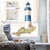 Auf dem Bild ist das Produkt: Fensterbild Leuchtturm Leuchtfeuer maritim rot blau grün Ostsee Nordsee Meer Urlaub Fensterdeko Küche Frühlingsdeko Möwen Warnemünde zum Preis von €13.9 abgebildet.
