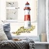 Auf dem Bild ist das Produkt: Fensterbild Leuchtturm Leuchtfeuer maritim rot blau grün Ostsee Nordsee Meer Urlaub Fensterdeko Küche Frühlingsdeko Möwen Warnemünde zum Preis von €13.9 abgebildet.