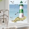 Auf dem Bild ist das Produkt: Fensterbild Leuchtturm Leuchtfeuer maritim rot blau grün Ostsee Nordsee Meer Urlaub Fensterdeko Küche Frühlingsdeko Möwen Warnemünde zum Preis von €13.9 abgebildet.