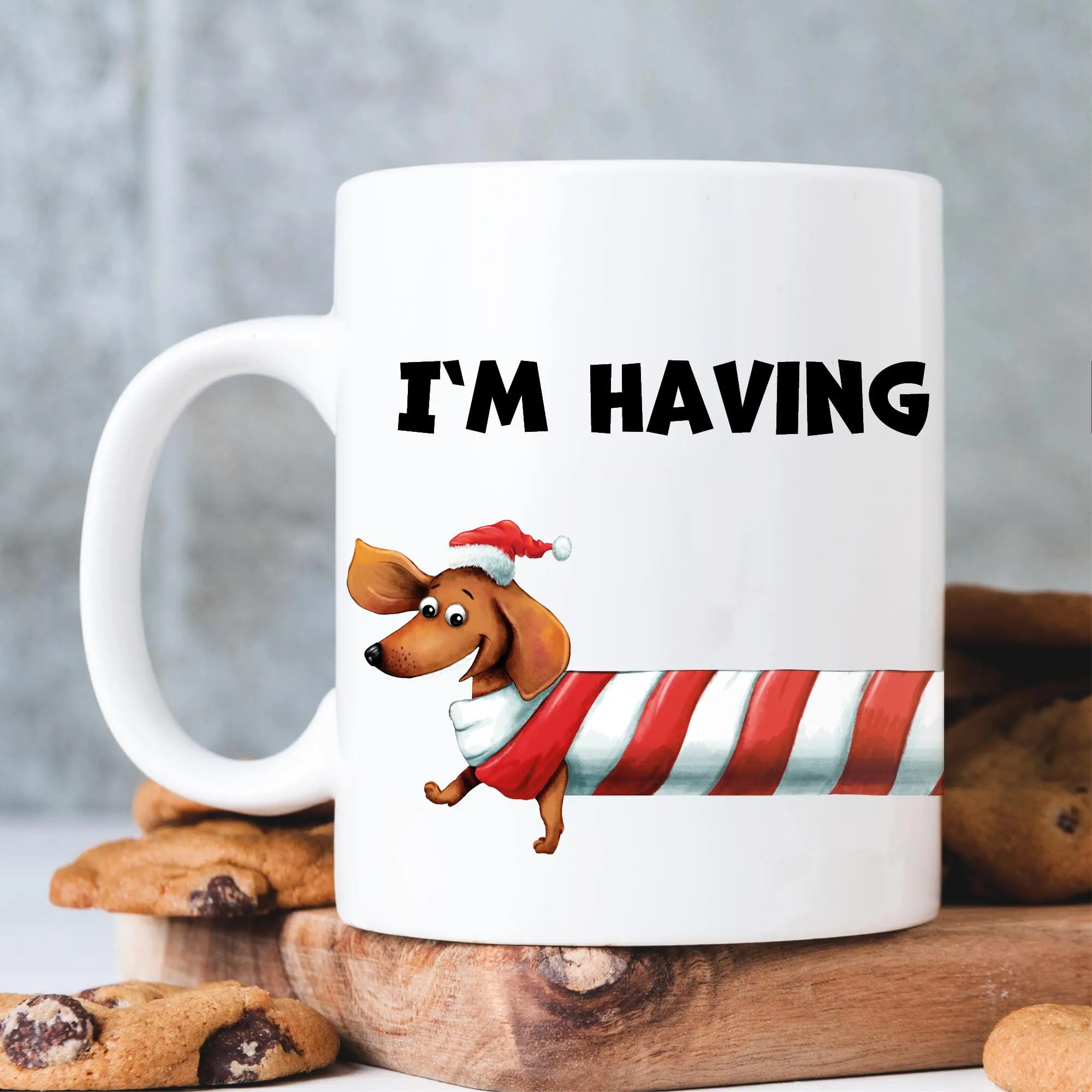 Auf dem Bild ist das Produkt: Tasse Dackel Long day Weihnachtszeit bedruckt Dackel I’m having a long day zum Preis von €10.9 abgebildet.