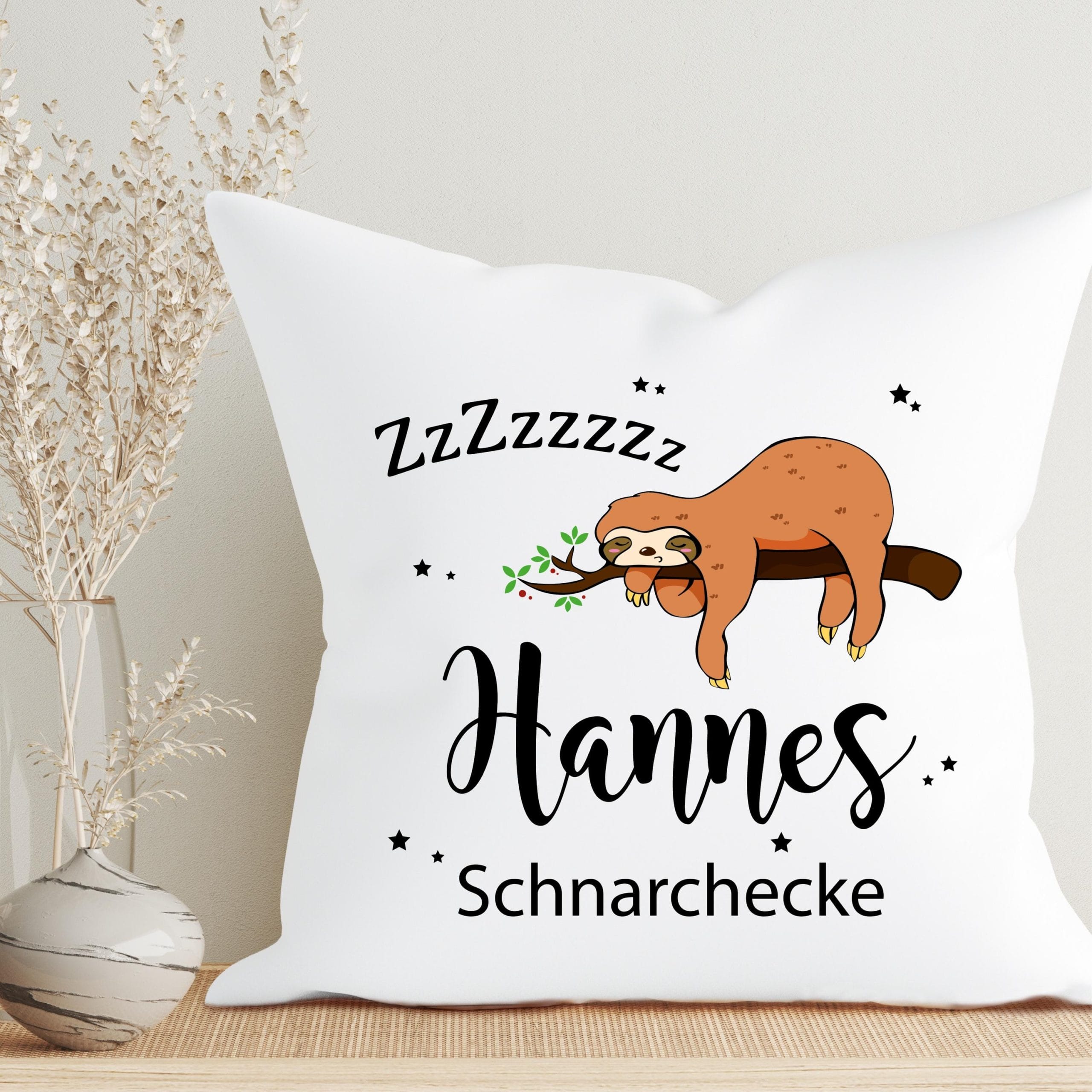 Kissen Faultier Wunschname Schnarchecke Polyester 40 x 40 cm weiß Geschenk individuelles Kuschelkisssen