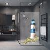 Auf dem Bild ist das Produkt: Sichtschutzfolie Duschkabine Leuchtturm blau Möwen Steilküste maritime Fensterfolie Dusche Duschglastür Duschwand bunte Milchglasfolie zum Preis von €23.9 abgebildet.