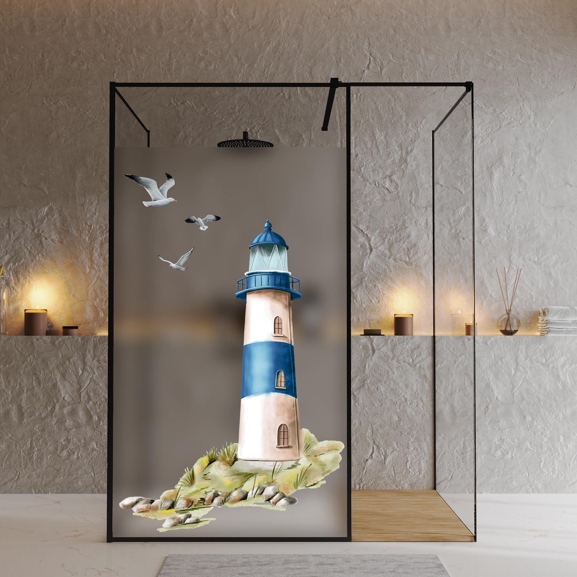 Sichtschutzfolie Duschkabine Leuchtturm blau Möwen Steilküste maritime Fensterfolie Dusche Duschglastür Duschwand bunte Milchglasfolie