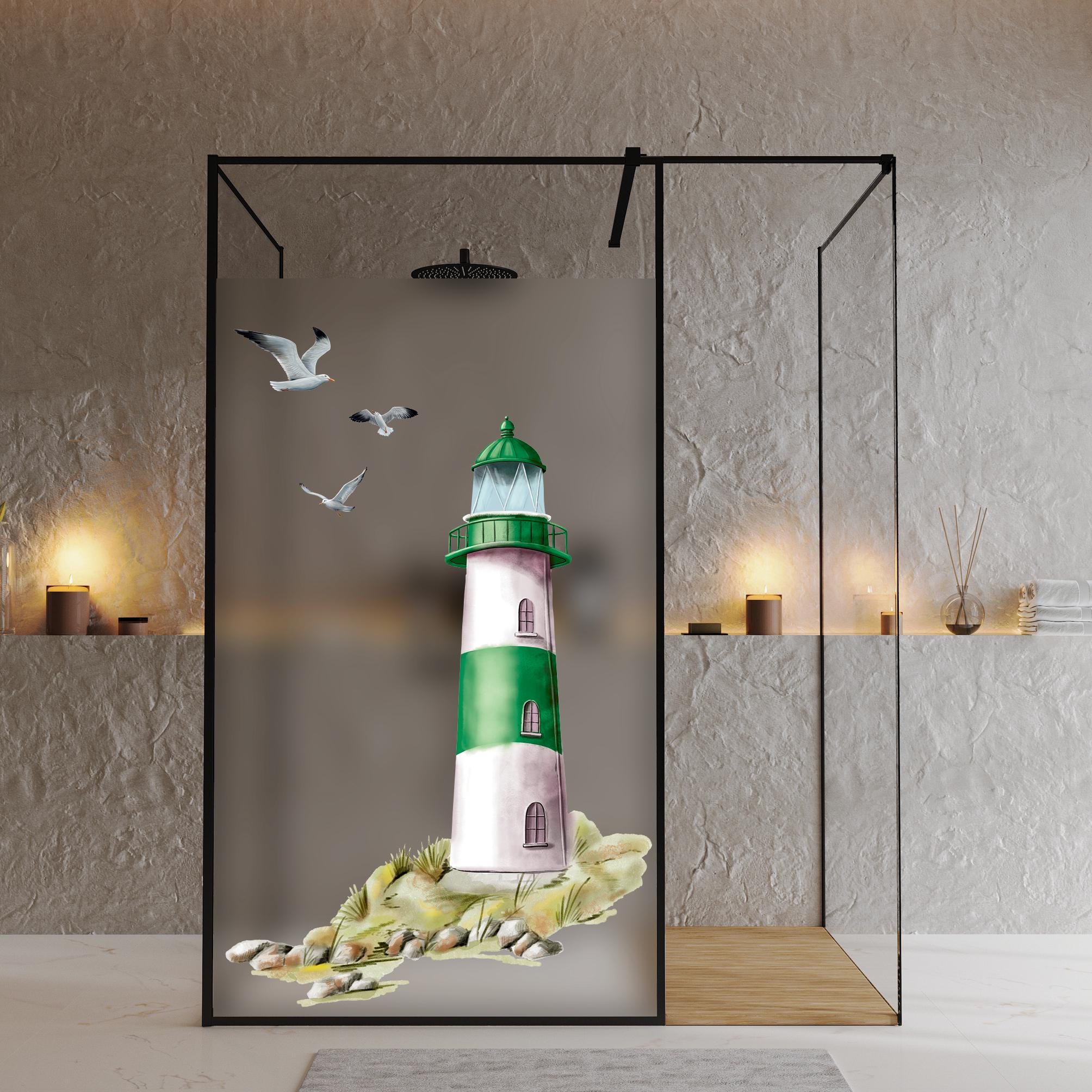 Sichtschutzfolie Duschkabine Leuchtturm grün Möwen Steilküste maritime Fensterfolie Dusche Duschglastür Duschwand bunte Milchglasfolie