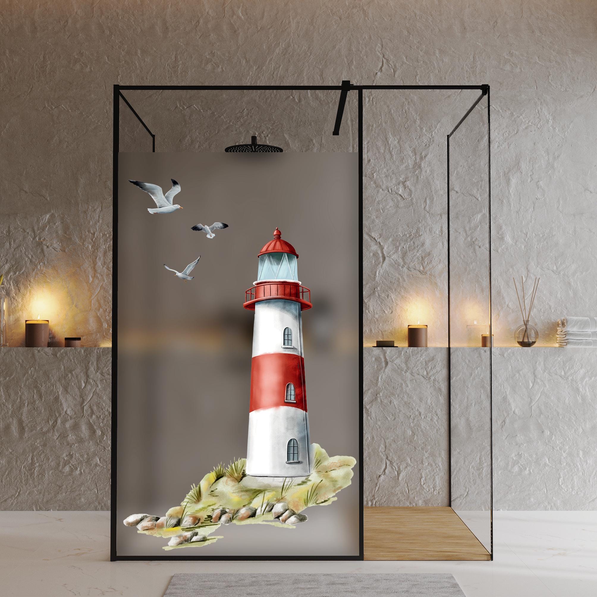 Sichtschutzfolie Duschkabine Leuchtturm Möwen Steilküste maritime Fensterfolie Dusche Duschglastür Duschwand bunte Milchglasfolie